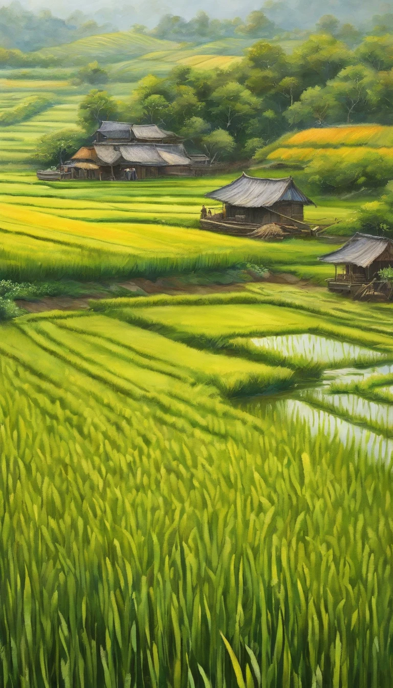 ((spring))rice paddy/paddy/Inada(best quality,4k,8k,high resolution,masterpiece:1.2,Super detailed,actual:1.37 fresh and bright light and shadow) 夕陽西下一大片飽滿稻米的paddy.Super detailed的图像.cereals.harvest.Beautiful rice waves swaying in the wind.hyper-realistic.Farmhouse.Cow plowing the field.farmer.Close-up depiction of rice ears.(HD)(masterpiece, best quality, Super detailed, lifelike),