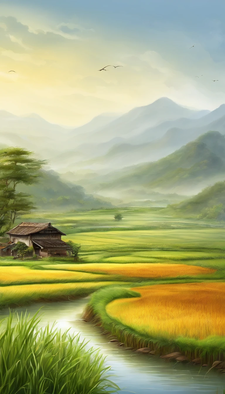 ((summer))rice paddy/paddy/Inada(best quality,4k,8k,high resolution,masterpiece:1.2,Super detailed,actual:1.37 fresh and bright light and shadow) 夕陽西下一大片飽滿稻米的paddy.Super detailed的图像.cereals.harvest.Beautiful rice waves swaying in the wind.hyper-realistic.Farmhouse.Cow plowing the field.farmer.Close-up depiction of rice ears.(HD)(masterpiece, best quality, Super detailed, lifelike),