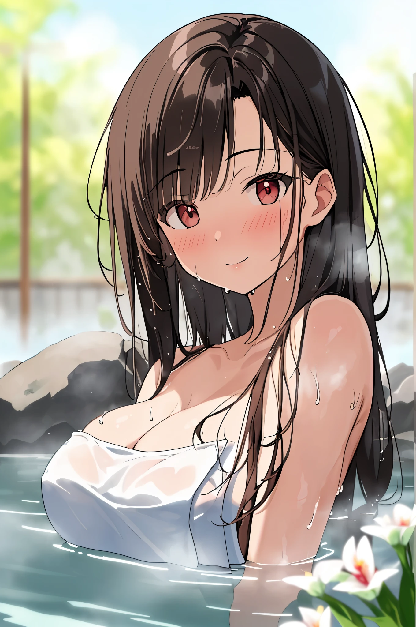 best quality, masterpiece, solo, safe for work, 1 female、25 years old、(soft bust:1.2)、(natural breasts)、(cleavage)、(Slender body shape)、(naked towel)、(view audience:1.2)、(Warm up in a hot spring)、(white highlight on pupil:1.2)、(dark red-brown eyes)、(black haired:1.2)、wet hair、(white skin)、white beautiful skin、wet skin、(blush:1.2)、embarrassing smile、closed mouth、(big hot spring bath:1.2)、(steam:1.2)、(flowers in the background)、(Blur the background a lot to make the woman stand out:1.3)、(sunlight shines in)