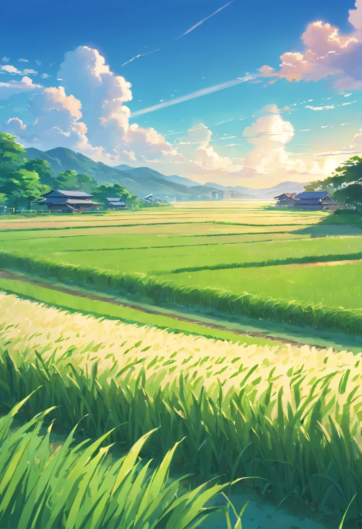 A lush green rice field bathed in sunlight, a serene countryside with a small path meandering through the fields (best quality,4k,8k,highres,masterpiece:1.2),ultra-detailed,(realistic,photorealistic,photo-realistic:1.37),HDR,UHD,studio lighting,extreme detail description,professional,landscape,vivid colors,sharp focus,physically-based rendering,bokeh