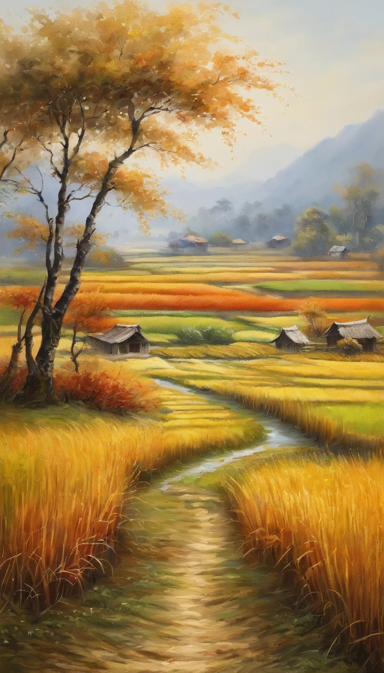 ((autumn))rice paddy/paddy/Inada(best quality,4k,8k,high resolution,masterpiece:1.2,Super detailed,actual:1.37 fresh and bright light and shadow) 夕陽西下一大片飽滿稻米的paddy.Super detailed的图像.cereals.harvest.Beautiful rice waves swaying in the wind.hyper-realistic.Farmhouse.Cow plowing the field.farmer.Close-up depiction of rice ears.(HD)(masterpiece, best quality, Super detailed, lifelike),