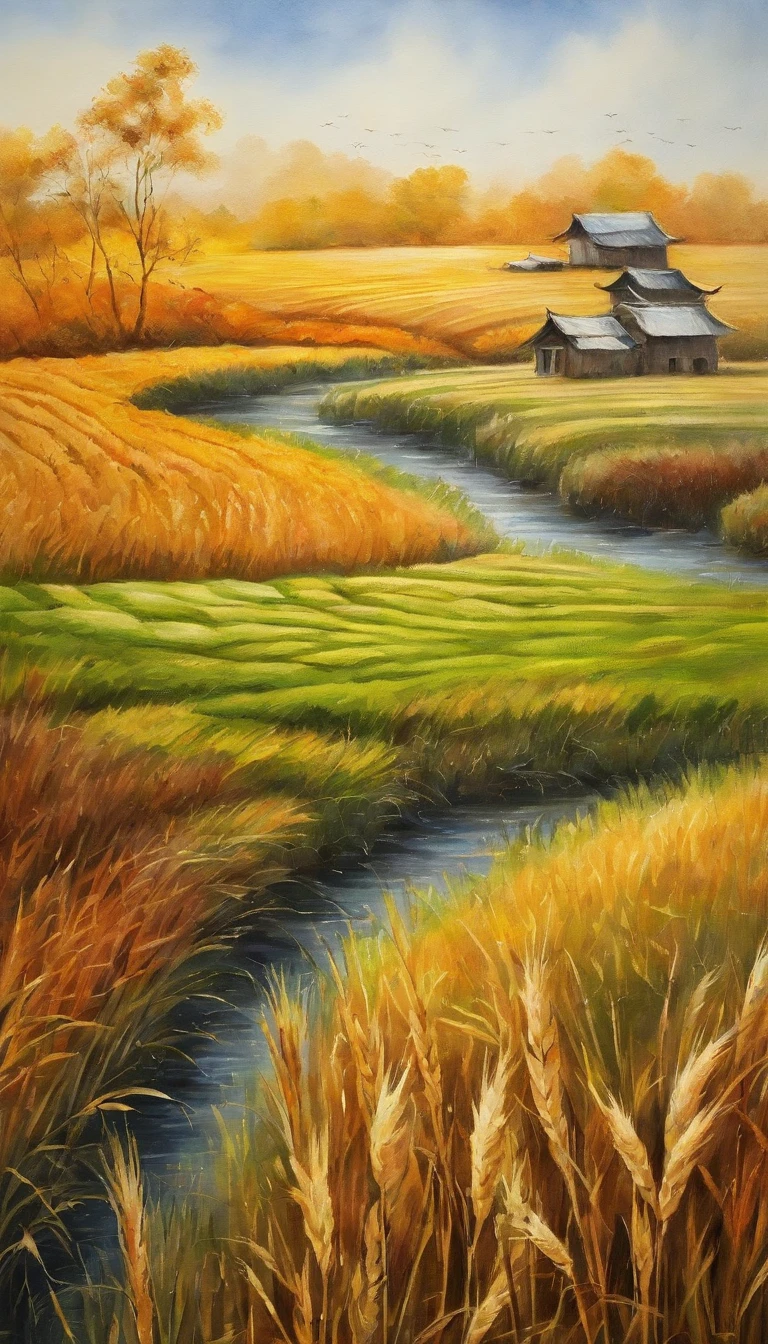 ((autumn))rice paddy/paddy/Inada(best quality,4k,8k,high resolution,masterpiece:1.2,Super detailed,actual:1.37 fresh and bright light and shadow) 夕陽西下一大片飽滿稻米的paddy.Super detailed的图像.cereals.harvest.Beautiful rice waves swaying in the wind.hyper-realistic.Farmhouse.Cow plowing the field.farmer.Close-up depiction of rice ears.(HD)(masterpiece, best quality, Super detailed, lifelike), 