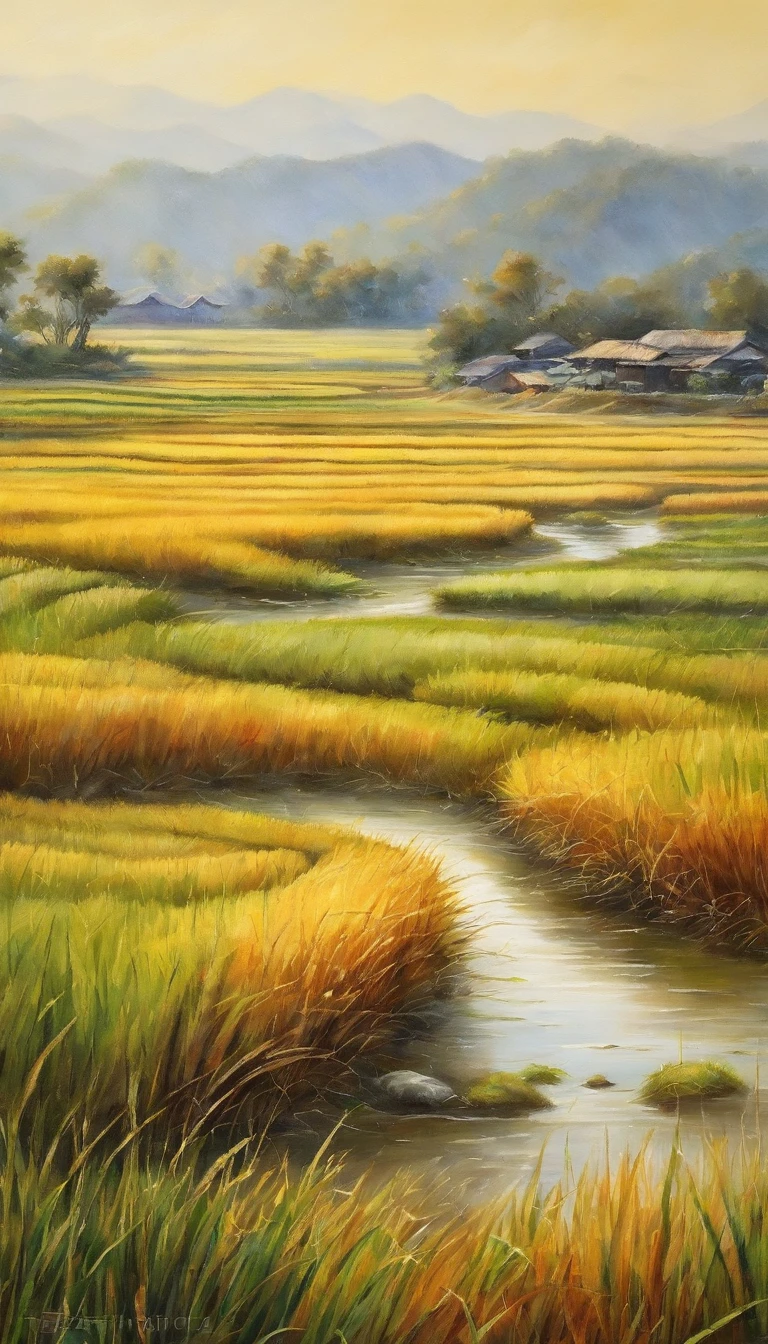 ((winter))rice paddy/paddy/Inada(best quality,4k,8k,high resolution,masterpiece:1.2,Super detailed,actual:1.37 fresh and bright light and shadow) 夕陽西下一大片飽滿稻米的paddy.Super detailed的图像.cereals.harvest.Beautiful rice waves swaying in the wind.hyper-realistic.Farmhouse.Cow plowing the field.farmer.Close-up depiction of rice ears.(HD)(masterpiece, best quality, Super detailed, lifelike),