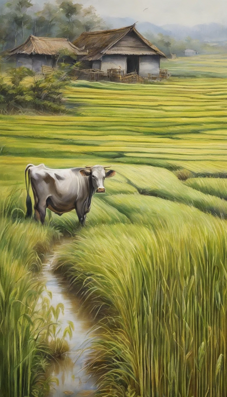 ((winter))rice paddy/paddy/Inada(best quality,4k,8k,high resolution,masterpiece:1.2,Super detailed,actual:1.37 fresh and bright light and shadow) 夕陽西下一大片飽滿稻米的paddy.Super detailed的图像.cereals.harvest.Beautiful rice waves swaying in the wind.hyper-realistic.Farmhouse.Cow plowing the field.farmer.Close-up depiction of rice ears.(HD)(masterpiece, best quality, Super detailed, lifelike),