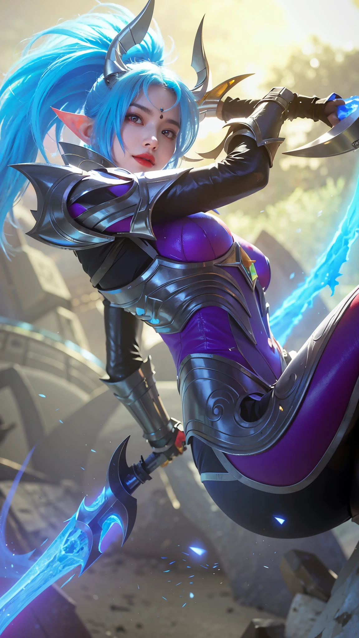 (female:1.2), 8k, ultra hd, ultra detailed texture, hyper realistic, masterpiece, detailed texture, detailed face, detailed skin, detailed lighting, (photorealistic:1.5), best quality, beautiful lighting, cinematic lighting, professional lighting, ultra highres, realistic, detailed hair, real hair, high quality, (realskin:1.5), extremely detailed, finely detail, ultra-detailed, 1girl, solo, elf, pointy ears, standing, demon horns, forehead protector, (red eyes:1.5), v-shapped eyebrow, lips, red lips, evil smile, nose, make up, pretty, beautiful, cute face, long hair, blue hair, high ponytail, large breasts, cleavage, armpit, navel, stomach, black armor, pauldrons, bare shoulders, shoulder armor, thigh high, sleevless, detached sleeves, breastplate, gauntlets, karina \(mobile legends\), depth of field, looking aways, white skin, skin tight, amazing pose, outdoors, glowing, dark view