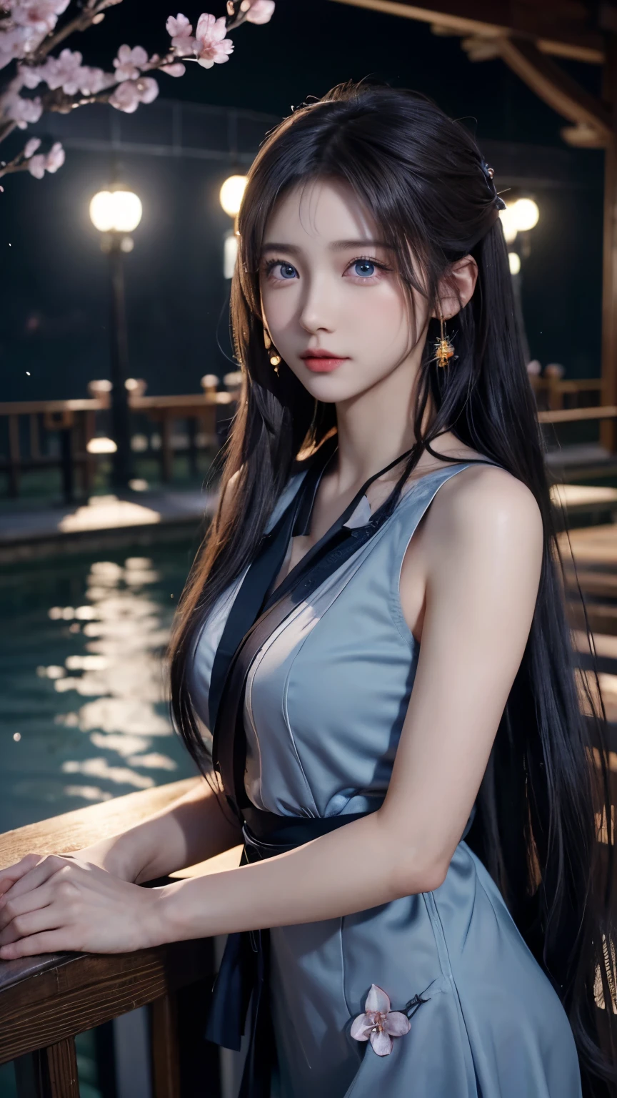 (logo, masterpiece, 8k, table top, RAW photo, wonderful, 最high quality, Photorealistic and hvery detailed CG integrated 8k wallpaper, high quality, very detailed, Narrative poem, particle effects, dynamic effects, written boundary depth, cinematic light, Lens flare, ray tracing, anatomically accurate)), fantasy, ((1 beautiful woman, clear blue eyes, 銀色のlong hair, beautiful face, real face, beautiful detailed eyes, beautiful skin)), long hairがWindでなびく, long hairが跳ねる, long hairがWindで踊る, hair jump, jewelry, tattoo, Hanfu, chinese fairy, taoist uniform, silver earrings, ((night, Wind, bluish full moon, night空, cherry blossoms, cherry blossomsの木の下で, cherry blossomsの花びらが舞っている, Hanabubuki, falling petals, flying petals)), hip up, beautiful eyes, long hair