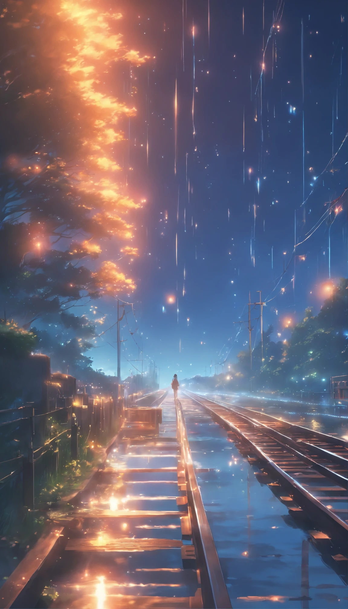 High quality masterpiece, landscape, anime train passing through bodies of water on tracks, bright starry sky. BREAK Romantic train, pixiv, concept art, lofi art style, reflection. by Makoto Shinkai, lofi art, Beautiful anime scene, BREAK Anime landscape, detailed scenery —width 672, in style of Makoto shinkai, style of Makoto shinkai, enhanced details, BREAK,Detailed,Realistic,4k highly detailed digital art,octane render, bioluminescent, BREAK 8K resolution concept art, realism,by Mappa studios,masterpiece,best quality,official art,illustration,ligne claire,(cool_color),perfect composition,absurdres, fantasy,focused,rule of thirds