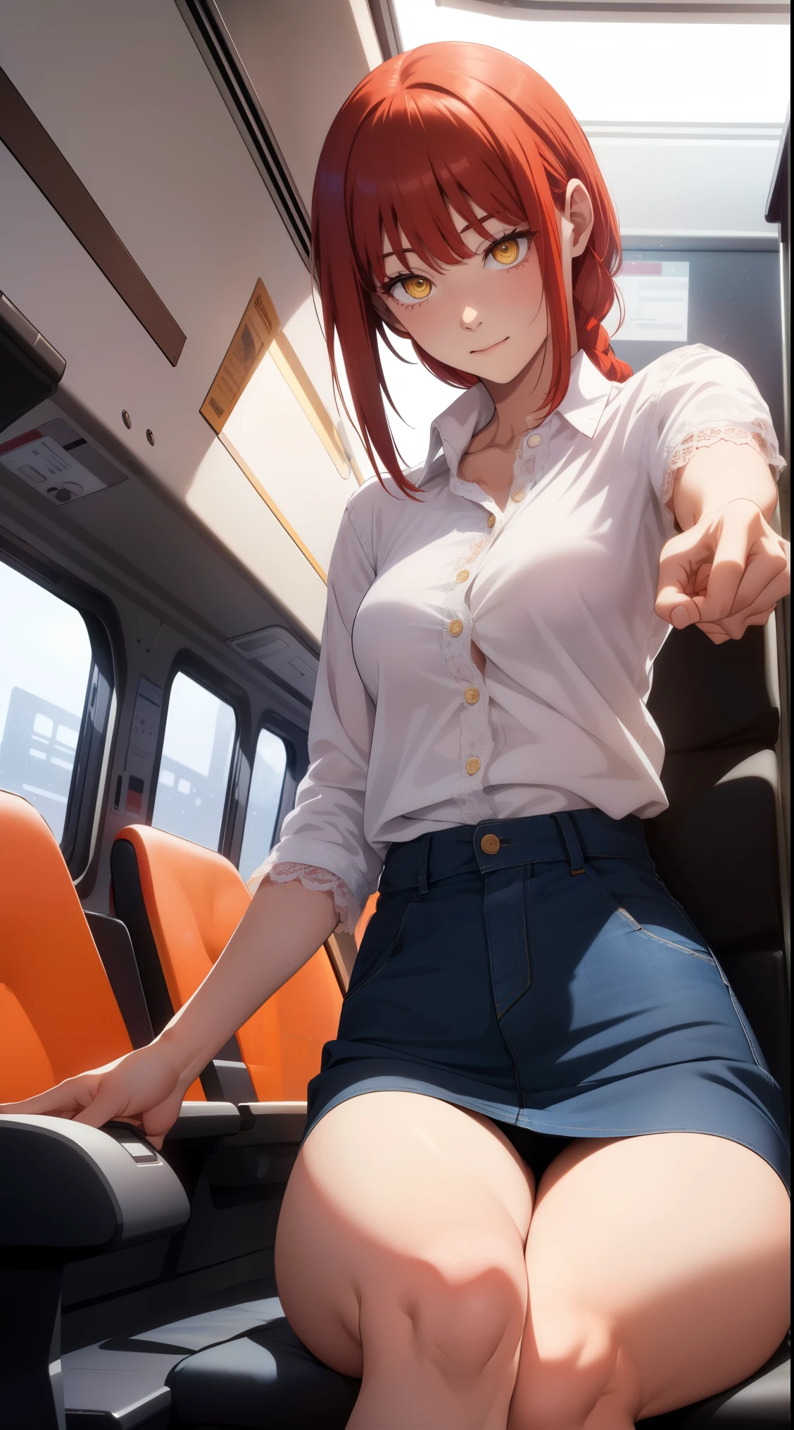 (masterpiece, best quality:1.2), solo, 1girl, red hair, yellow eyes, makima,, unbuttoned shirt with collar, a lot of, wide hips, black coat, (((white shirt,denim’s very short tight skirt , embarrassed,upskirt,white lace panties,sitting train seat , right hand pointing at viewer ,left hand crotch grab,looking at viewer,