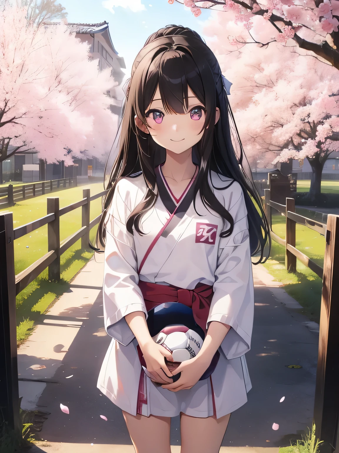 highest quality、best image quality、beautiful eyes、very delicate and beautiful、beautiful eyes、pink eyes、I、I、11 year old girl、Japanese、、Chiquita、Noble、primary school student、black hair、barefoot、(judo)、(((The lower body looks like a soccer player)))、(High leg)、tiara on head、dull smile、standing and facing forward、The background is a row of cherry blossom trees