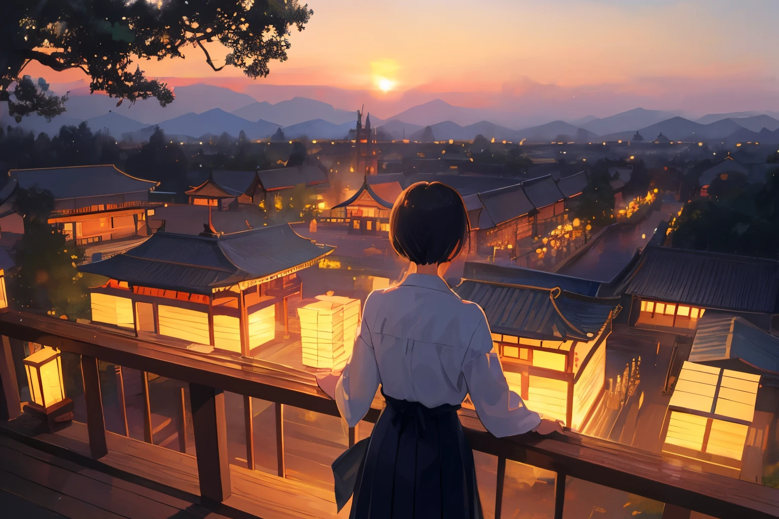 Create exquisite illustrations reminiscent of Makoto Shinkai's style, It has ultra-fine details and top-notch quality. Generate a high-quality illustration depicting a nostalgic scene of a sunset over a shrine festival, with a beautiful girl present. Capture the warm hues of the setting sun casting a nostalgic glow over the shrine and festival grounds. Ensure that the overall composition exudes a sense of nostalgia and tranquility, with intricate details such as the traditional lanterns, festive decorations, and serene expressions on the faces of attendees. Aim for a finely crafted artwork that transports viewers to the peaceful ambiance of the scene. best quality, masterpiece