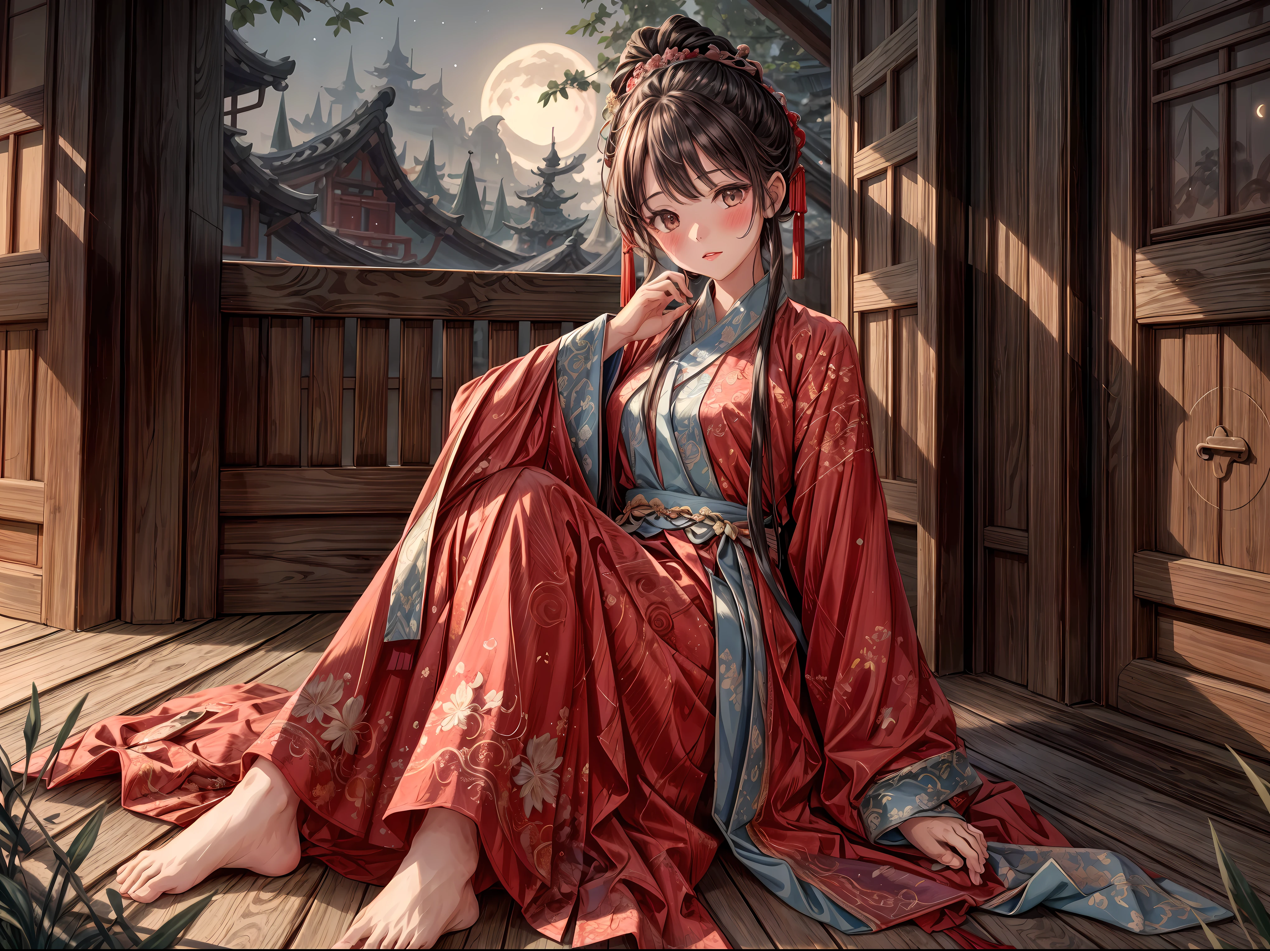 (Ridiculous,Super detailed),(1 girl:1.3),(alone, Hand Painted,simple lines,16-year-old girl wearing red Hanfu,on the bed,barefoot,indoor,moonlight,at night,nose blushing,leave,high resolution,masterpiece),moonlight下的卧室里有一个 16 岁的女孩，wear (Vibrant red Chinese Hanfu), 躺on the bed. 窗外柔和的moonlight映照着房间，dim light, Create a peaceful atmosphere. Girl&#39;s face is decorated with blush on the nose, Add a touch of innocence and charm. Her attire is beautifully Hand Painted, Showed (intricate details) of traditional clothing. Simple yet elegant lines, Capturing the essence of Hanfu style. Girl is (barefoot), Exudes a feeling of comfort and relaxation. This artwork was created at a ridiculously high resolution，and pay attention to details, Make every stroke and fine line clearly visible. The composition is a masterpiece, Reflects the skill and artistry of the creator. The perspective is from the girl&#39;s point of view, Let the audience immerse themselves in her world. This prompt is intended to generate a (Super detailed, high resolution图像) Capture the beauty and serenity of a moonlit night in a traditional Chinese style setting.