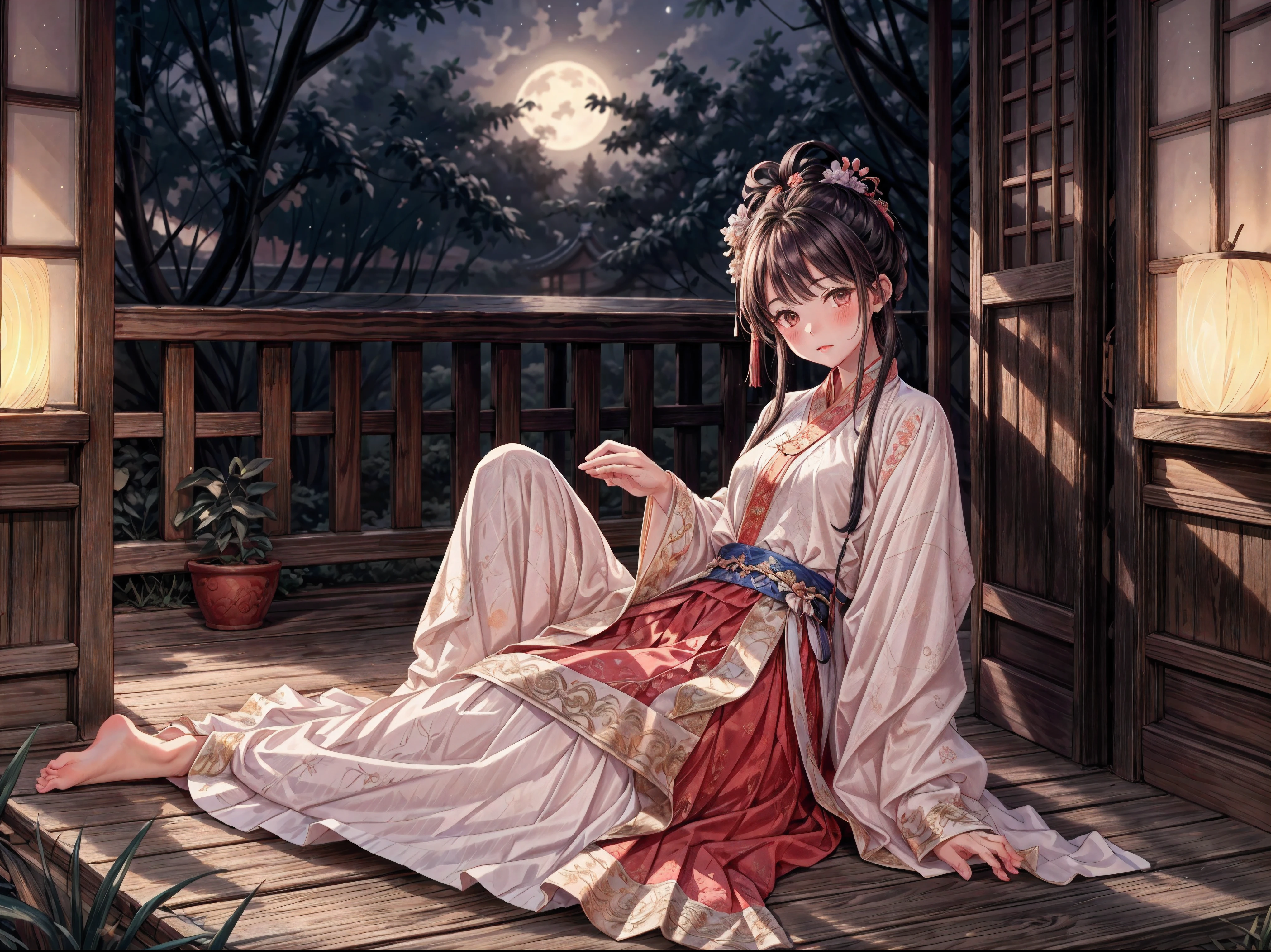 (Ridiculous,Super detailed),(1 girl:1.3),(alone, Hand Painted,simple lines,**************** wearing red Hanfu,on the bed,barefoot,indoor,moonlight,at night,nose blushing,leave,high resolution,masterpiece),moonlight下的卧室里有一个 ****的女孩，wear (Vibrant red Chinese Hanfu), 躺on the bed. 窗外柔和的moonlight映照着房间，dim light, Create a peaceful atmosphere. Girl&#39;s face is decorated with blush on the nose, Add a touch of innocence and charm. Her attire is beautifully Hand Painted, Showed (intricate details) of traditional clothing. Simple yet elegant lines, Capturing the essence of Hanfu style. Girl is (barefoot), Exudes a feeling of comfort and relaxation. This artwork was created at a ridiculously high resolution，and pay attention to details, Make every stroke and fine line clearly visible. The composition is a masterpiece, Reflects the skill and artistry of the creator. The perspective is from the girl&#39;s point of view, Let the audience immerse themselves in her world. This prompt is intended to generate a (Super detailed, high resolution图像) Capture the beauty and serenity of a moonlit night in a traditional Chinese style setting.