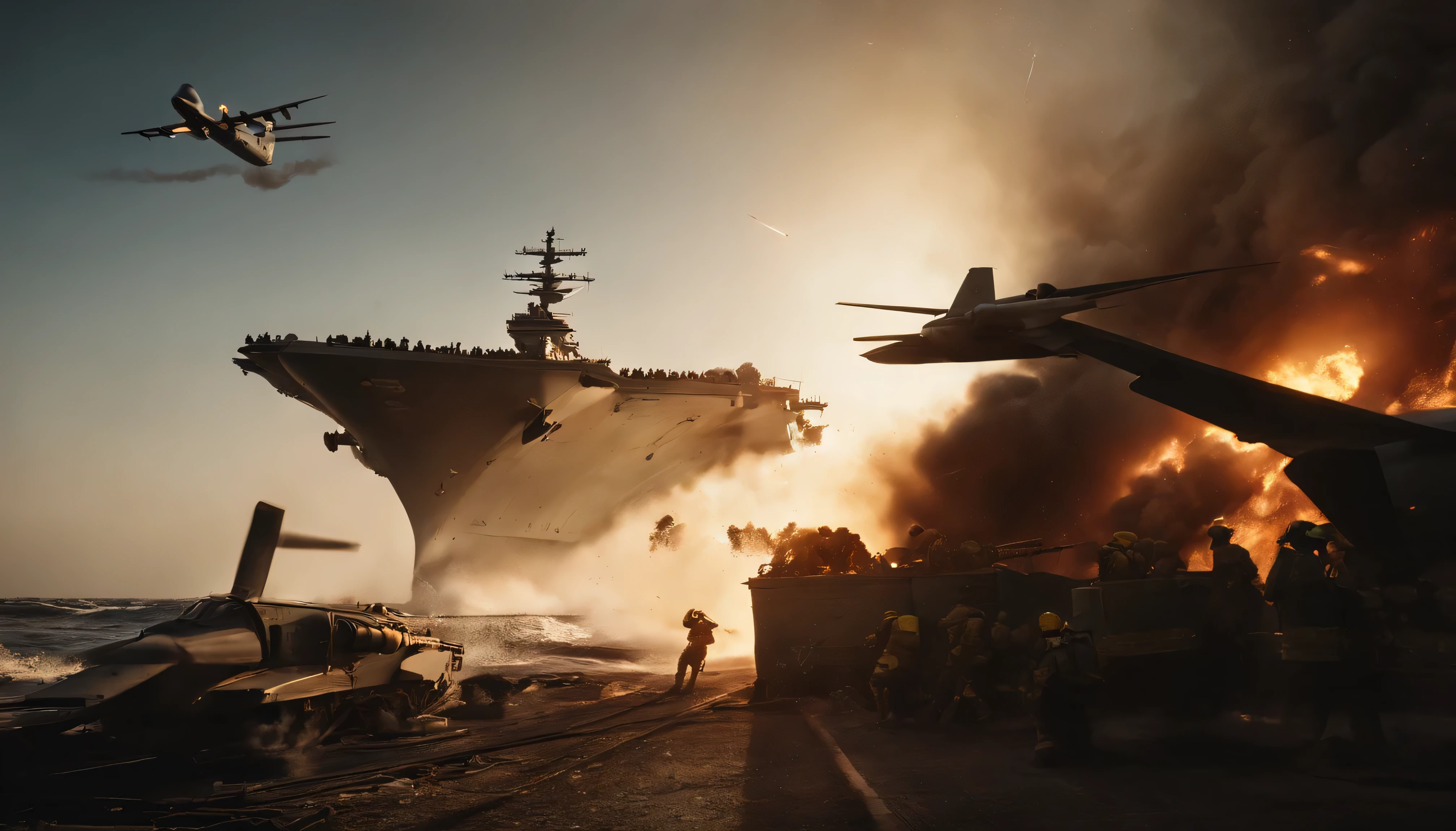 "Create a dramatic image of an aircraft carrier exploding while carrying Hercules aircraft. The scene should capture the intensity of the blast, with the bright sunlight casting long shadows and illuminating the wreckage. Convey the urgency and danger of the situation, with the vibrant colors and dramatic lighting enhancing the visual impact. Use realistic details and high-resolution to draw viewers' attention to the scale of the destruction and the human cost of the attack. Engage viewers with a visually striking image that evokes a sense of the high stakes and the tragedy of war."
