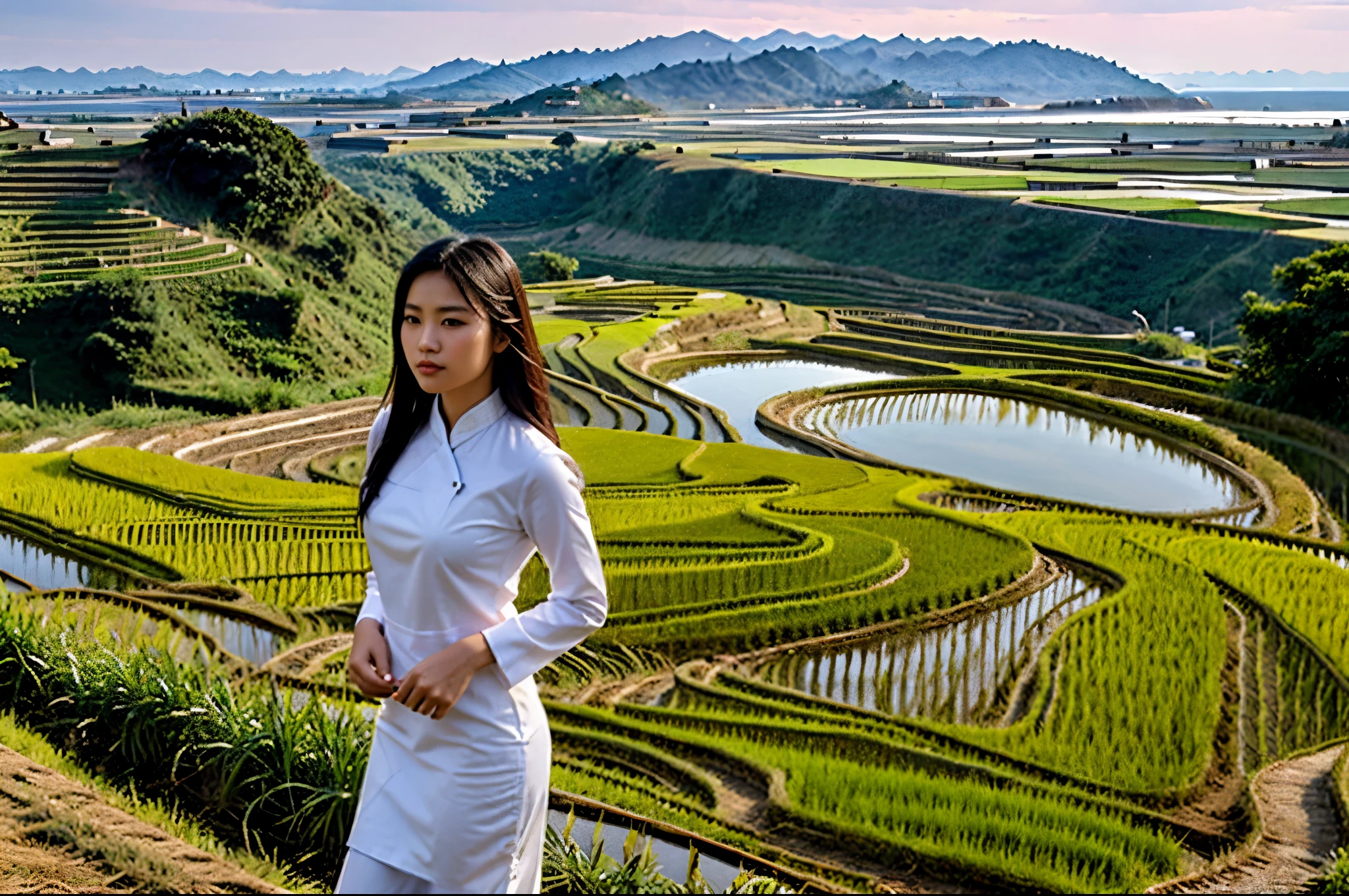 masterpiece, high quality, high resolution, raw photo, 8k, beautiful Vietnamese girl wearing AoDai. Tiered rice fields on a slope facing the sea, beautiful image, near the sea, (overlooking rice fields:1.2), terraced fields, young rice shining in the strong sunlight, looking down from a terrace, sea in the background,