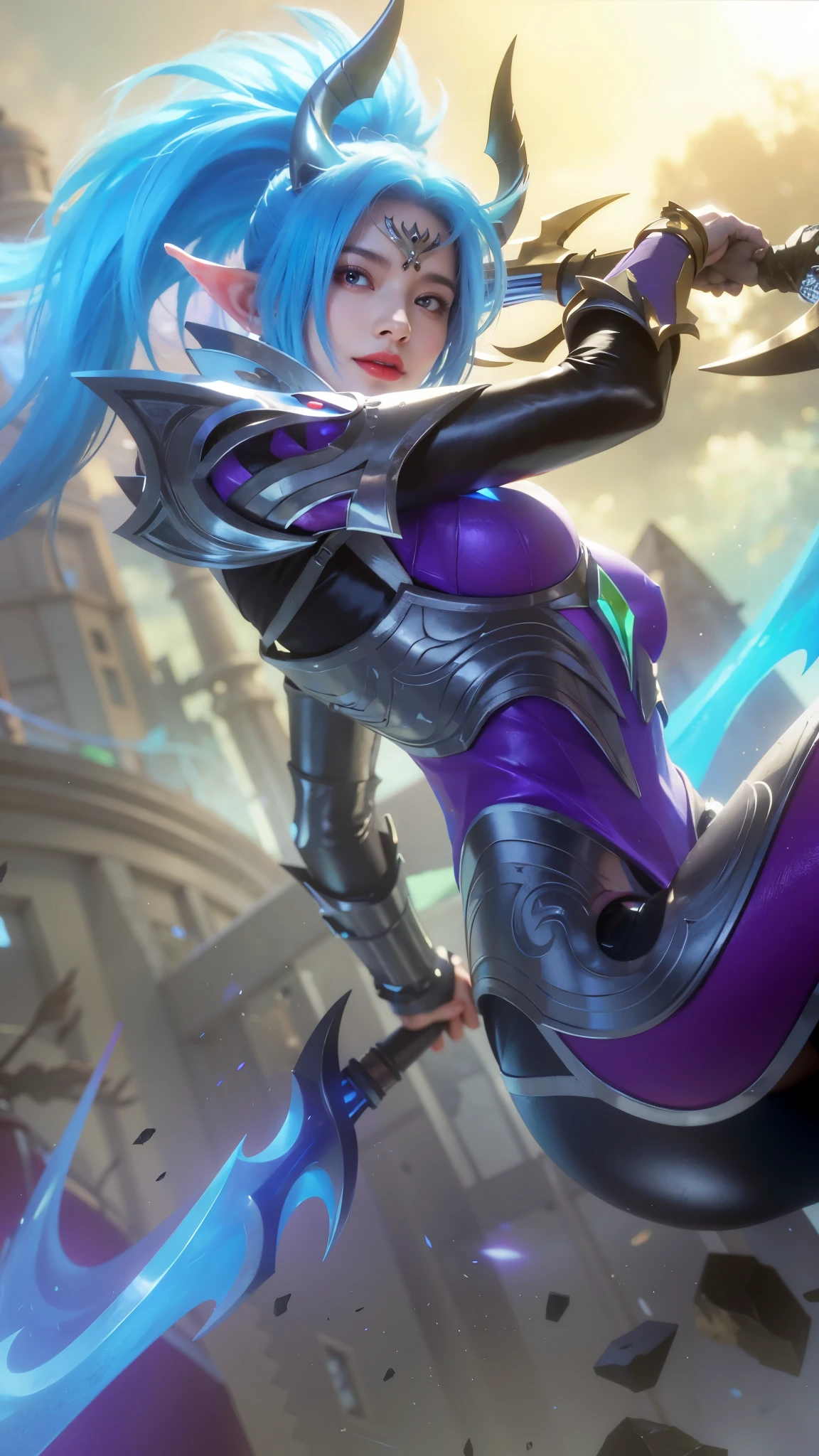 (female:1.2), 8k, ultra hd, ultra detailed texture, hyper realistic, masterpiece, detailed texture, detailed face, detailed skin, detailed lighting, (photorealistic:1.5), best quality, beautiful lighting, cinematic lighting, professional lighting, ultra highres, realistic, detailed hair, real hair, high quality, (realskin:1.5), extremely detailed, finely detail, ultra-detailed, 1girl, solo, elf, pointy ears, standing, demon horns, forehead protector, (red eyes:1.5), v-shapped eyebrow, lips, red lips, evil smile, nose, make up, pretty, beautiful, cute face, long hair, blue hair, high ponytail, large breasts, cleavage, armpit, navel, stomach, black armor, pauldrons, bare shoulders, shoulder armor, thigh high, sleevless, detached sleeves, breastplate, gauntlets, karina \(mobile legends\), depth of field, looking aways, white skin, skin tight, amazing pose, outdoors, glowing, dark view