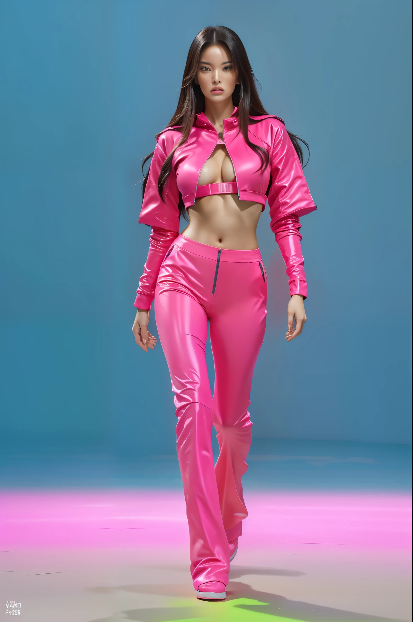 16K, Masterpiece, photorealism, girl with long hair, full body, woman in pink outfit walks down the runway, Mugler, hot pink, neon pink, color blocking, pink vibe, Arian brand, bright rave pantsuit, pink style and red color, Malika Favre, color blocking, pink clothes, pink-red color scheme, purple, bright bright color shades: 1, hot pink, jia