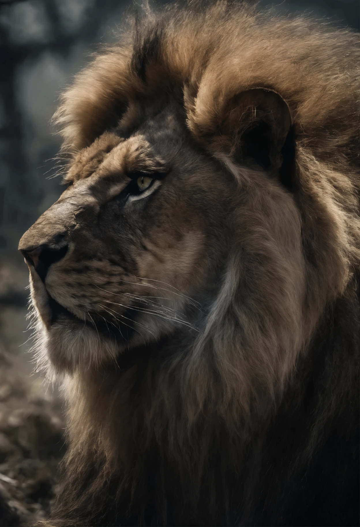 (best quality,4K,8K,high resolution,chef-d'artwork:1.2),ultra-detailed,(realistic,photorealistic,photo-realistic:1.37),lion dans la savane,jour de pluie,des yeux majestueux et frappants,fierce expression,dents pointues,des couleurs vives et saisissantes,(detailed fur,fourrure dense:1.1),(construction puissante,gros muscles),fond de savane dense,Sunlight passes through the trees,dramatic lighting,lion se fondant dans l'environnement,unpredictable atmosphere,Disturbing presence,rendu artistique,high contrast,contrasting shades,controlled color palette