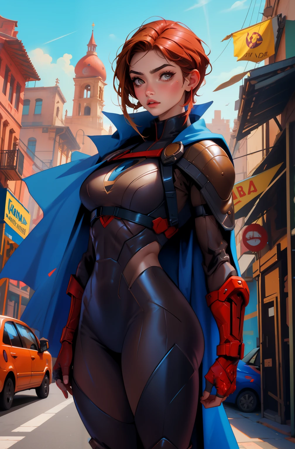 ((comic style)), Amazing artwork, brown undercut hair woman, piel oscura, sonrojada en su hermoso rostro, He wears a blue superhero suit with a cape ((peinado undercut)), labios gruesos, ((rojo apretado, correa)), piernas perfectas , 8K, ((Fondo ciudad)), Obra maestra, Mejor calidad