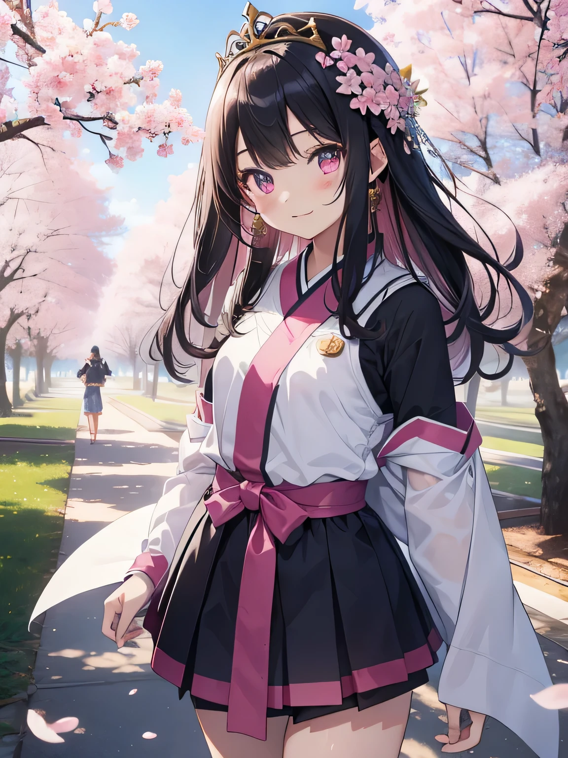 highest quality、best image quality、beautiful eyes、very delicate and beautiful、beautiful eyes、pink eyes、I、I、11 year old girl、Japanese、、Chiquita、Noble、primary school student、black hair、barefoot、（judo）、(((Lower body of hero costume)))、（High leg）、tiara on head、dull smile、standing and facing forward、The background is a row of cherry blossom trees