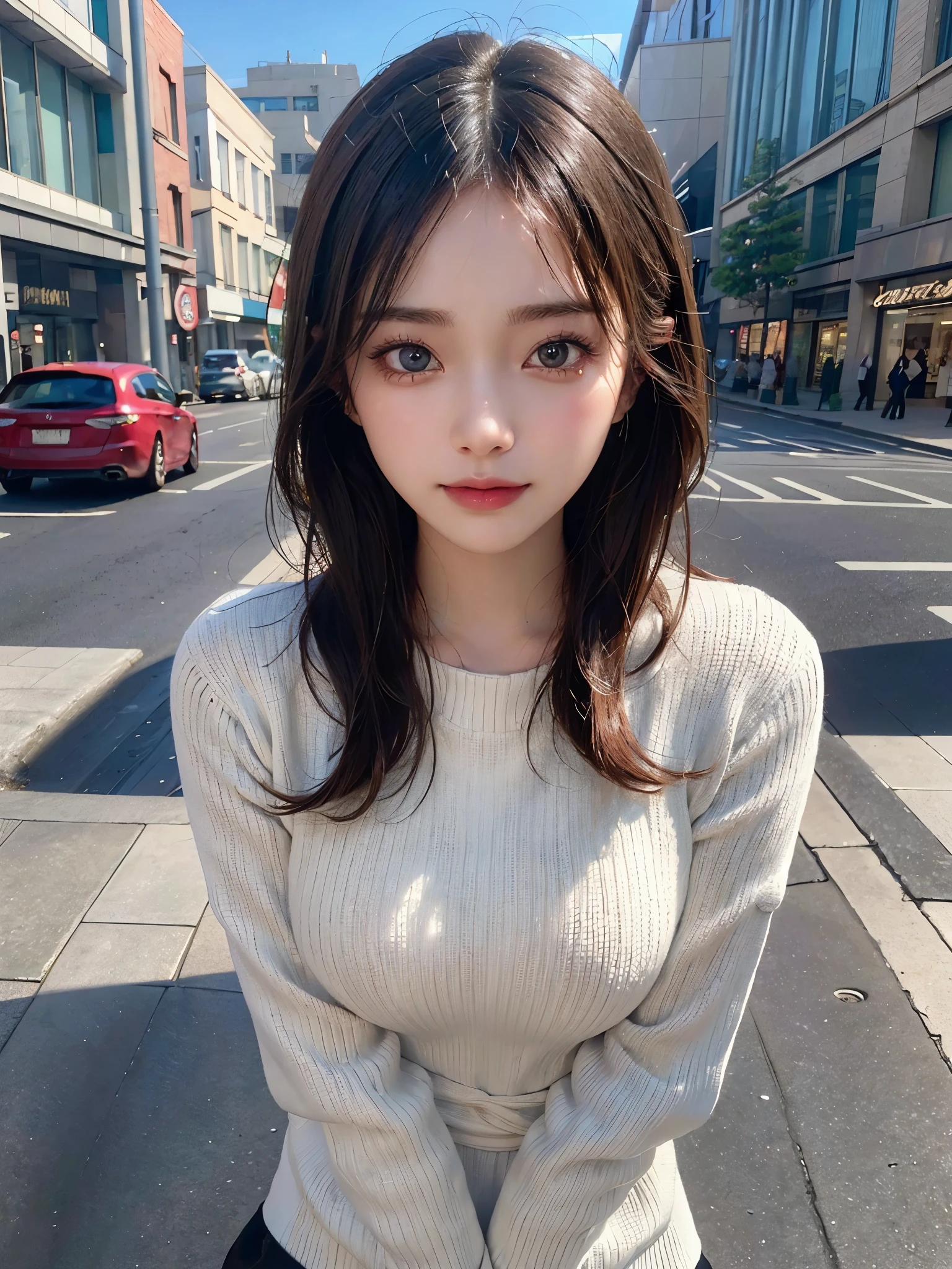 (8K high quality), (top quality), (Original image quality),(realistically:1.37), Oval face,big eyes,long eyelasher,Beautifully（Realistic style）,ultimate face,real light and shadow,clear facial features,milky white skin,White skin, High detail skin,Authentic skin details,Visible pores,（Super details）, （long, flowing hair）,1 girl in, Cute and big，beautiful eyes, Beautiful and detailed nose, highly refined skin,(eye contact),(Breasts exposed)、(Beautiful face with double eyelids),((Full body photo image)), (Blurred street background: 1.3),HD, Excellent details, ultra high resolution, (Show your most beautiful smile to the audience),  best illustrations, Exquisite and beautiful face, 1 girl in,20 years old,(beautiful face 1.4),(long hand knitted sweater:1.2),(Sanlitun street shooting),（Taken on the street in front of a high-end shopping mall:1.3）,(This is a full-body photo)