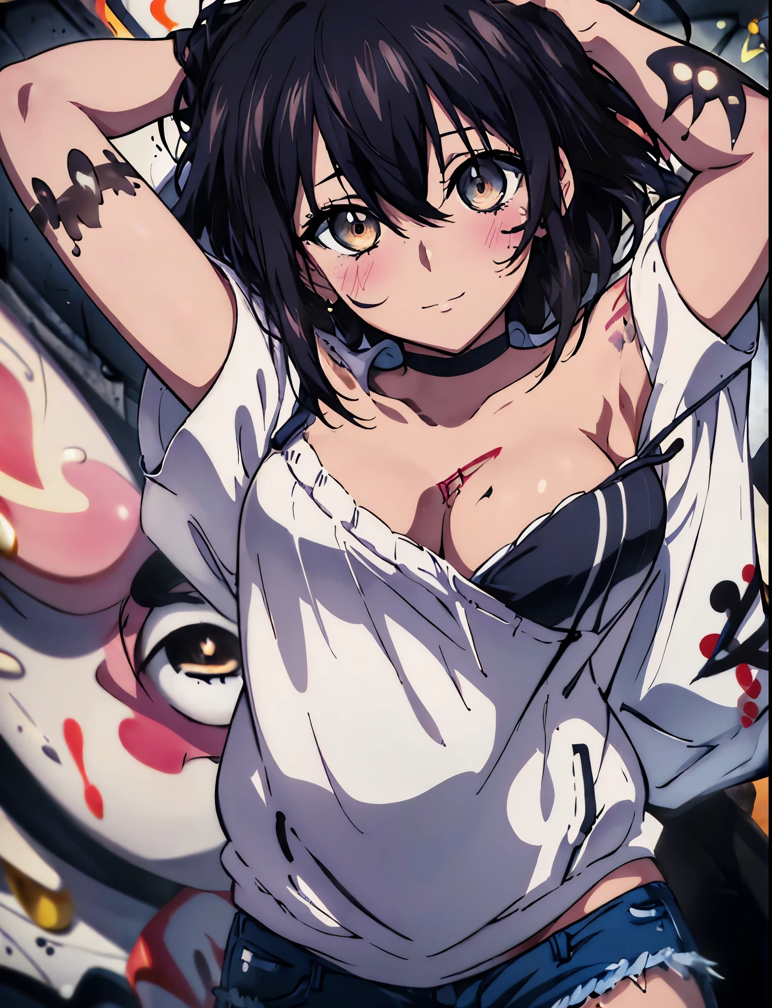 masterpiece, highest quality, 1 girl, himeragi yukina, brown eyes, black hair, hair between eyes, medium hair, medium breasts,blush,smile、denim shorts, choker, (graffiti:1.5), paint splatters, turn your arms behind your back, towards the wall, looking at the viewer, thigh strap, head tilt, was bored, (masterpiece:1.2), highest quality, High resolution, unity 8k wallpaper, (shape:0.8), (beautiful and detailed eyes:1.6), highly detailed face, perfect lighting, Very detailed CG, (perfect hands, perfect anatomy),