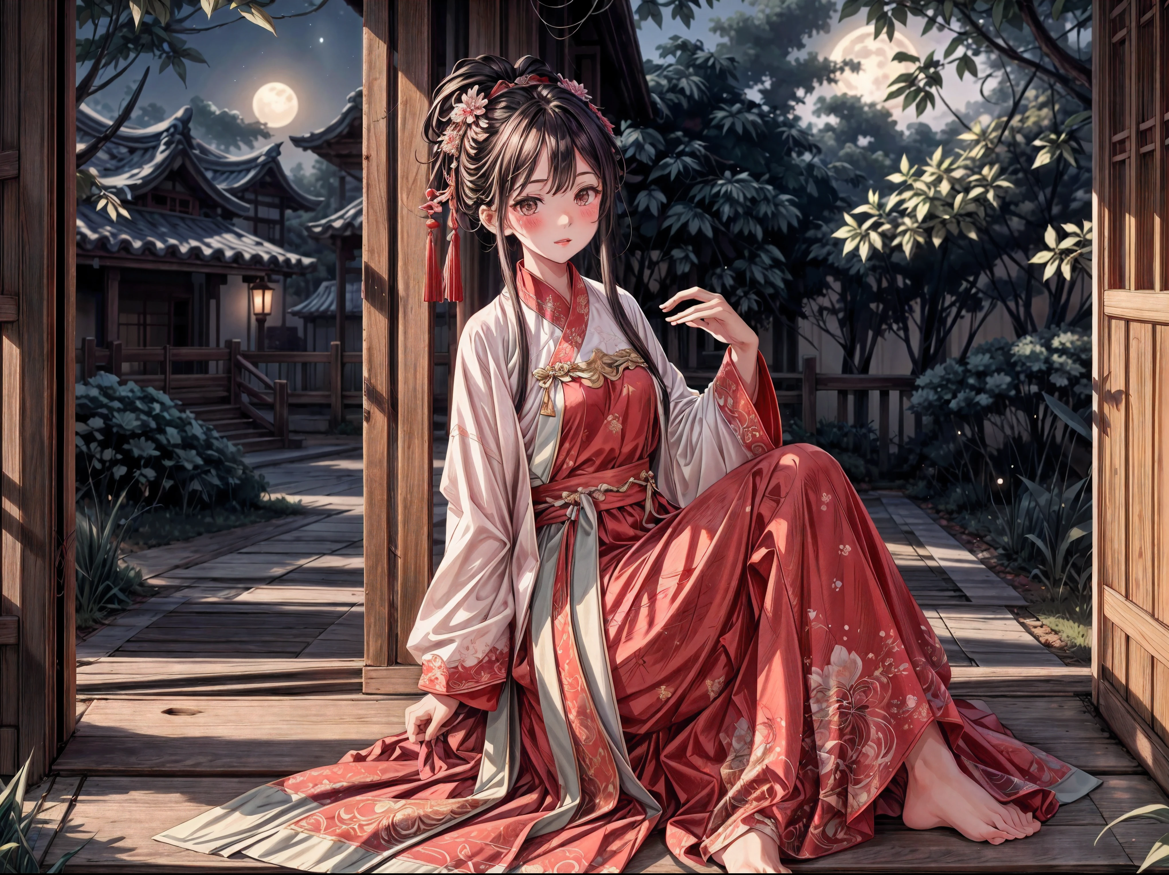 (Ridiculous,Super detailed),(1 girl:1.3),(alone, Hand Painted,simple lines,-yeld giwearing red Hanfu,on the bed,barefoot,indoor,moonlight,at night,nose blushing,leave,high resolution,masterpiece),moonlight下的卧室里有一个 16 岁的女孩，wear (Vibrant red Chinese Hanfu), 躺on the bed. 窗外柔和的moonlight映照着房间，dim light, Create a peaceful atmosphere. Girl&#39;s face is decorated with blush on the nose, Add a touch of innocence and charm. Her attire is beautifully Hand Painted, Showed (intricate details) of traditional clothing. Simple yet elegant lines, Capturing the essence of Hanfu style. Girl is (barefoot), Exudes a feeling of comfort and relaxation. This artwork was created at a ridiculously high resolution，and pay attention to details, Make every stroke and fine line clearly visible. The composition is a masterpiece, Reflects the skill and artistry of the creator. The perspective is from the girl&#39;s point of view, Let the audience immerse themselves in her world. This prompt is intended to generate a (Super detailed, high resolution图像) Capture the beauty and serenity of a moonlit night in a traditional Chinese style setting.