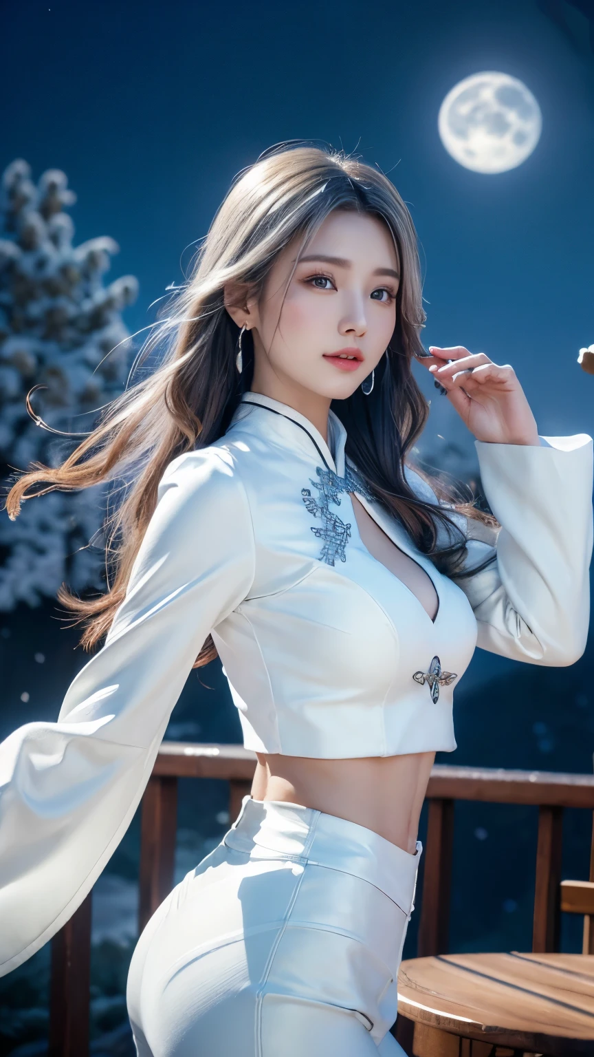 (logo, masterpiece, 8k, table top, RAW photo, wonderful, 最high quality, Photorealistic and hvery detailed CG integrated 8k wallpaper, high quality, very detailed, Narrative poem, particle effects, dynamic effects, written boundary depth, cinematic light, Lens flare, ray tracing, anatomically accurate)), fantasy, 1 beautiful woman, silver hair, clear eyes, long silver hair, beautiful face, real face, beautiful detailed eyes, beautiful skin, 長い髪がWindでなびく, long hair bounces, 長い髪がWindで踊る, hair jump, jewelry, hip up, beautiful eyes, long hair halter, white leather pants, white leather jacket, silver earrings, silver earrings, night, Wind, bluish full moon, night空, beautiful background, 古代のWind, Xianxia, Auspicious cloud, 雪とhoarfrost, very cold winter day, snow-capped mountainや森, hoarfrost, snow-capped mountain々, The beauty and brilliance of frost-covered trees, The tranquility and beauty of a world of ice and snow, tattoo, Hanfu, chinese fairy, taoist uniform