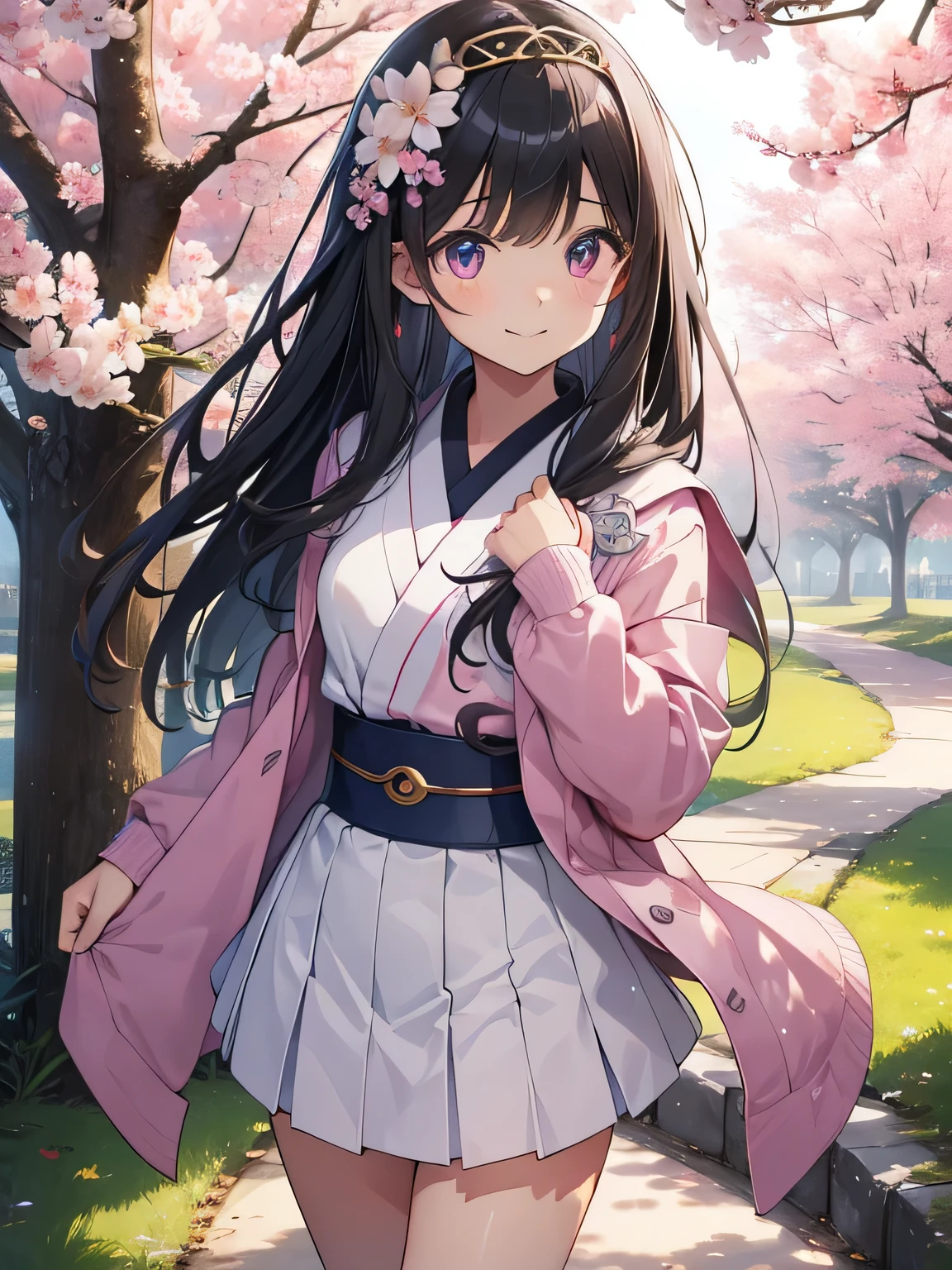 highest quality、best image quality、beautiful eyes、very delicate and beautiful、beautiful eyes、pink eyes、I、I、11 year old girl、Japanese、、Chiquita、Noble、primary school student、black hair、barefoot、（judo）、(((The lower body looks like a sentai heroine)))、（High leg）、tiara on head、dull smile、standing and facing forward、The background is a row of cherry blossom trees