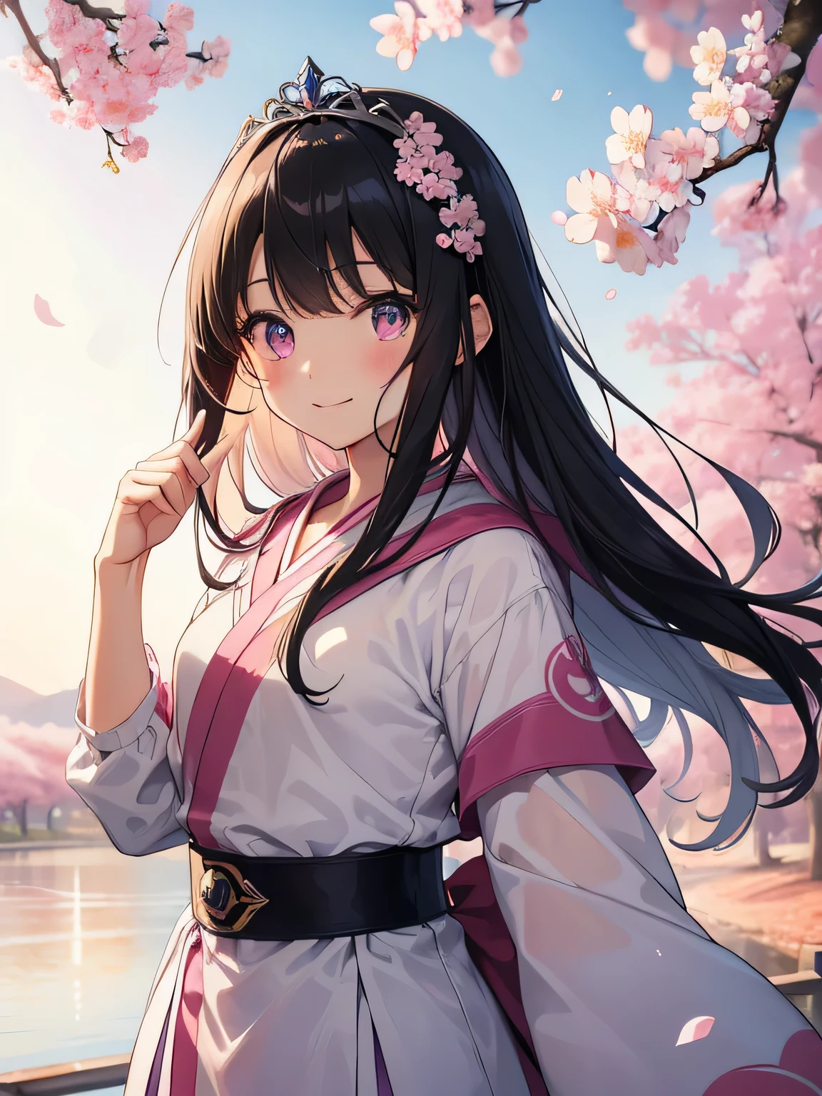 highest quality、best image quality、beautiful eyes、very delicate and beautiful、beautiful eyes、pink eyes、I、I、11 year old girl、Japanese、、Chiquita、Noble、primary school student、black hair、barefoot、（judo）、(((The lower body looks like a sentai heroine)))、tiara on head、dull smile、standing and facing forward、The background is a row of cherry blossom trees
