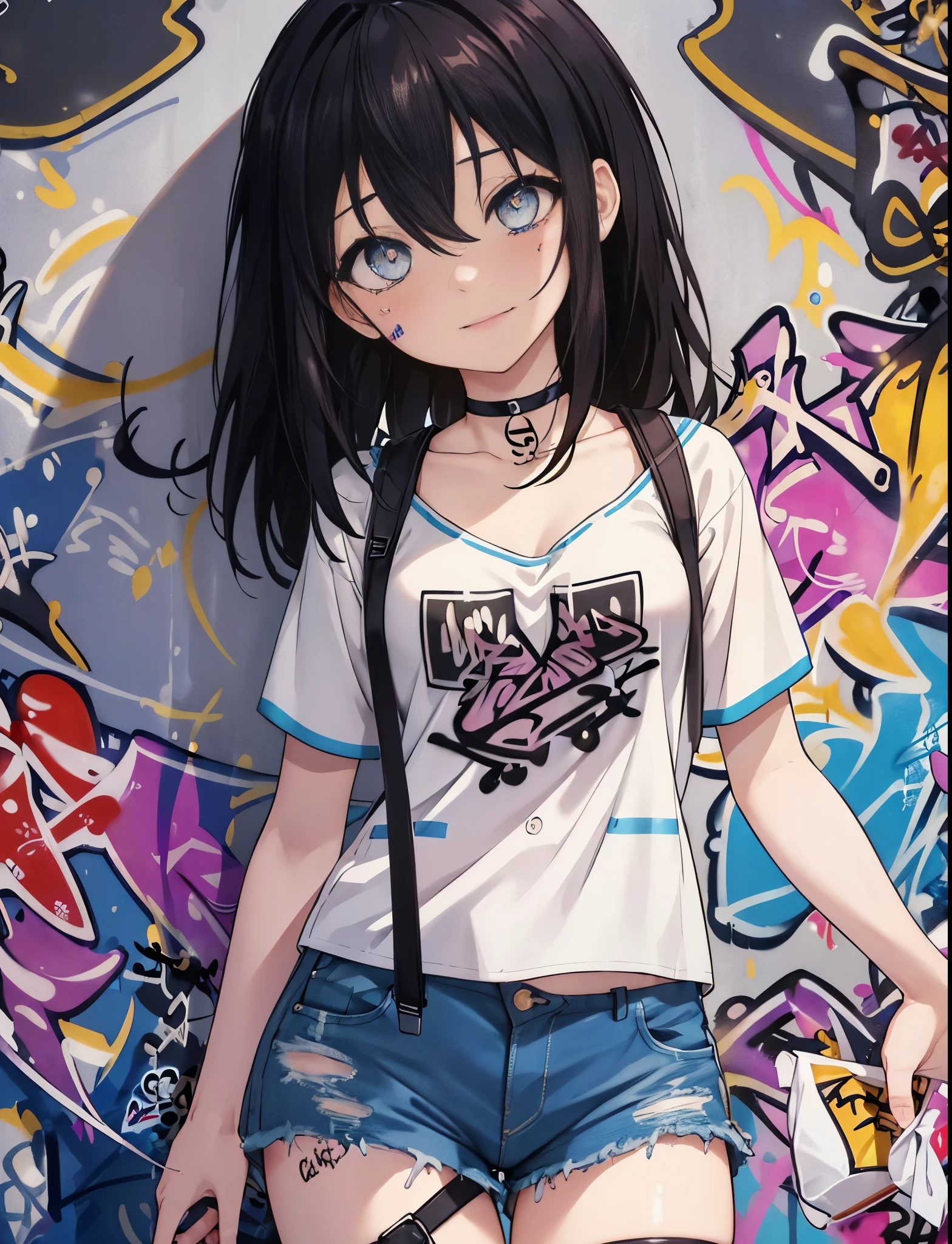 masterpiece, highest quality, 1 girl, himeragi yukina, brown eyes, black hair, hair between eyes, medium hair, medium breasts,blush,smile、denim shorts, choker, (graffiti:1.5), paint splatters, turn your arms behind your back, towards the wall, looking at the viewer, thigh strap, head tilt, was bored, (masterpiece:1.2), highest quality, High resolution, unity 8k wallpaper, (shape:0.8), (beautiful and detailed eyes:1.6), highly detailed face, perfect lighting, Very detailed CG, (perfect hands, perfect anatomy),