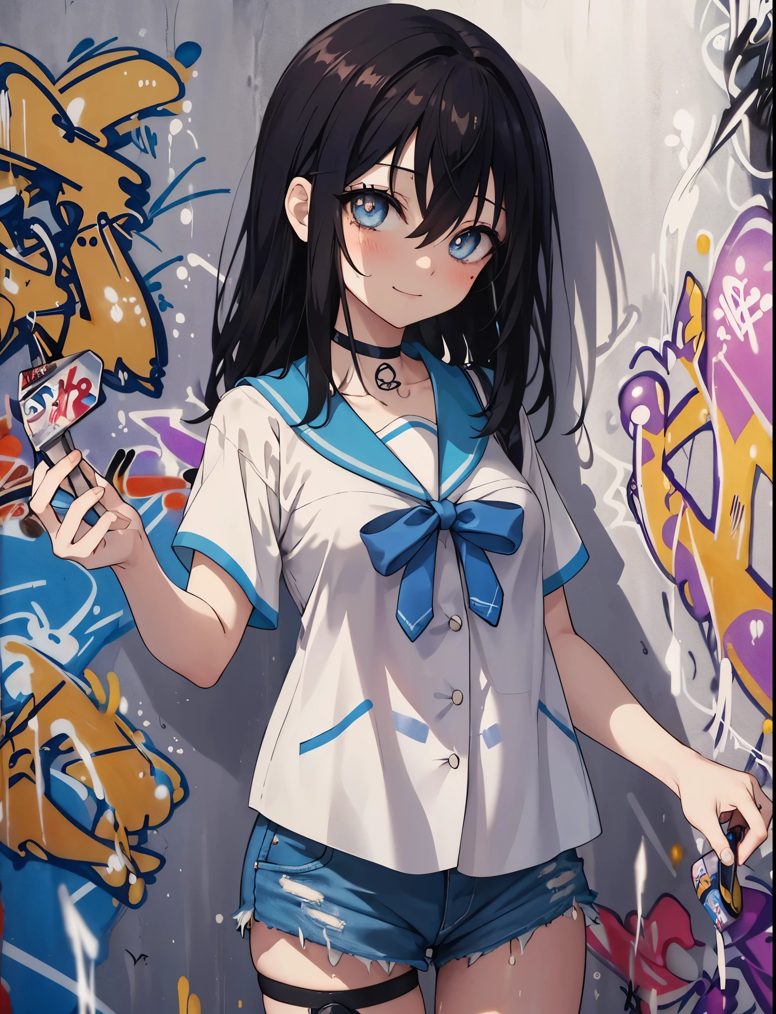 masterpiece, highest quality, 1 girl, himeragi yukina, brown eyes, black hair, hair between eyes, medium hair, medium breasts,blush,smile、denim shorts, choker, (graffiti:1.5), paint splatters, turn your arms behind your back, towards the wall, looking at the viewer, thigh strap, head tilt, was bored, (masterpiece:1.2), highest quality, High resolution, unity 8k wallpaper, (shape:0.8), (beautiful and detailed eyes:1.6), highly detailed face, perfect lighting, Very detailed CG, (perfect hands, perfect anatomy),