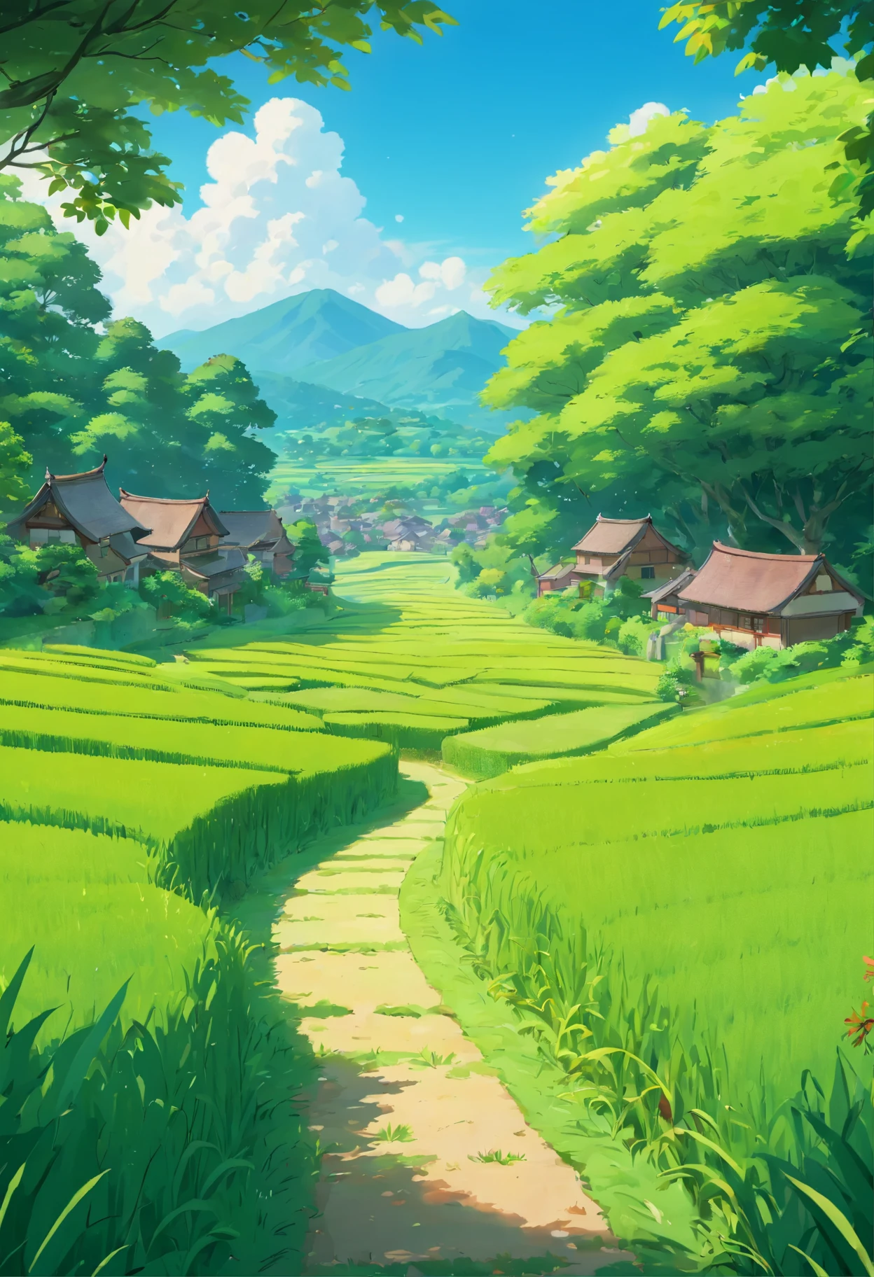A lush green rice field bathed in sunlight, a serene countryside with a small path meandering through the fields (best quality,4k,8k,highres,masterpiece:1.2),ultra-detailed,(realistic,photorealistic,photo-realistic:1.37),HDR,UHD,studio lighting,extreme detail description,professional,landscape,vivid colors,sharp focus,physically-based rendering,bokeh