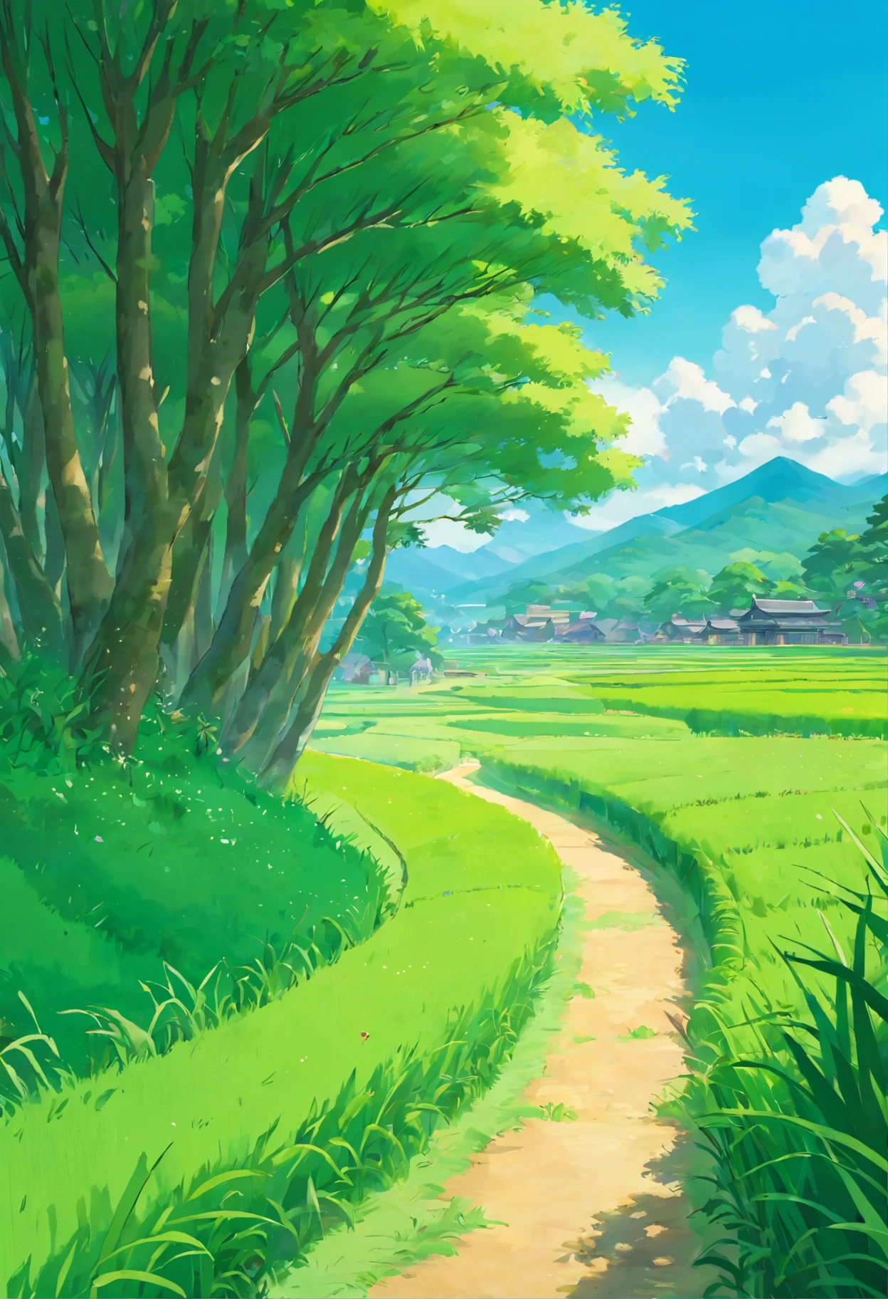 A lush green paddy field with abundant rice stalks swaying in the gentle breeze, soft sunlight filtering through the fields, a winding path through the fields flanked by verdant trees, creating a tranquil rural scene, high-definition, high-quality imagery, serene ambiance, vivid greenery, warm sunlight, in the style of a peaceful countryside painting.