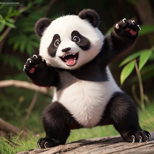 panda, bark, Standing in honor, sharp fangs, red eyes, open mouth, sharp claws
