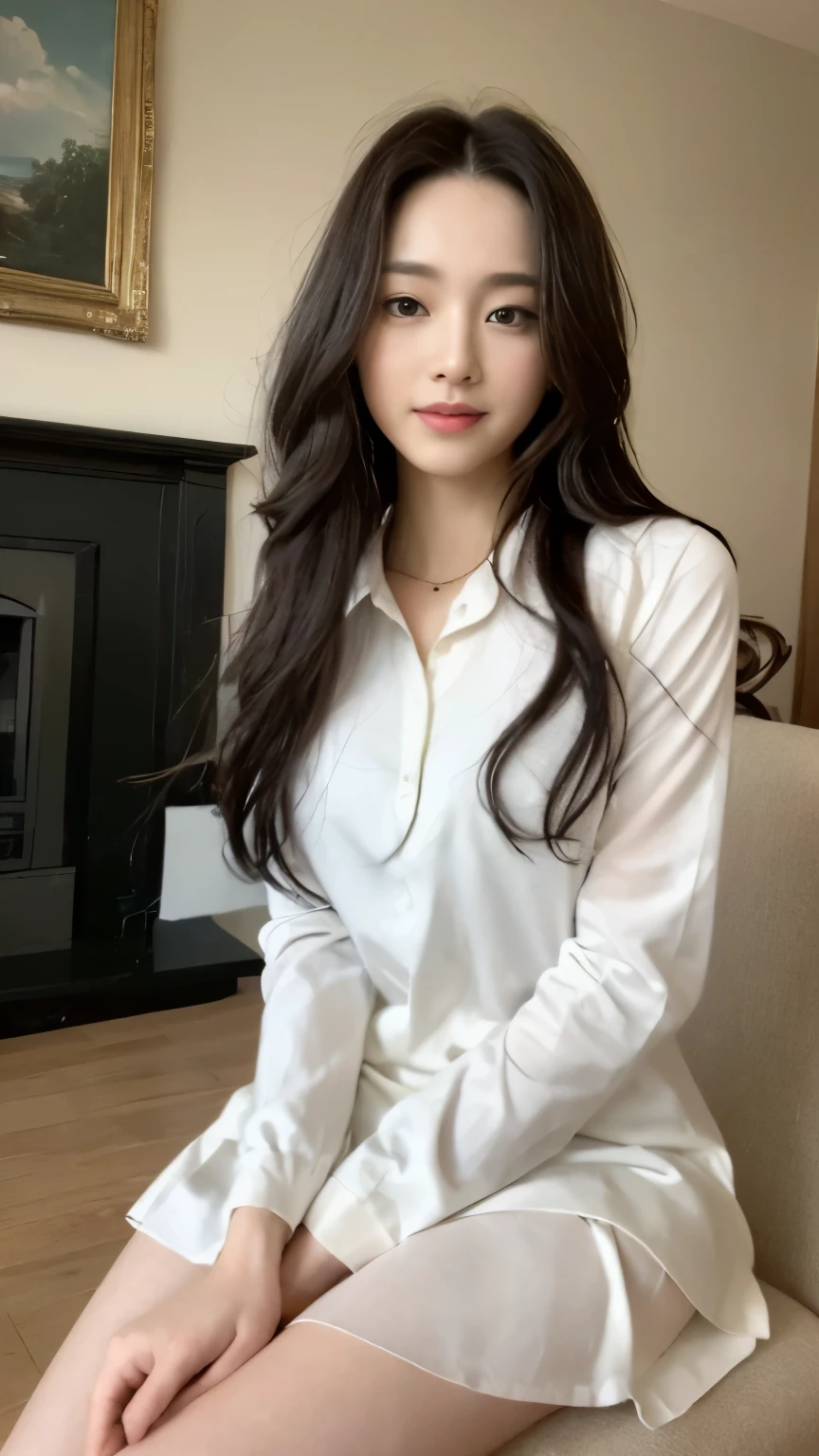 ((top-quality、8k、masterpiece:1.3))、Beautiful woman with perfect body:1.4、slim abdomen:1.2、Longhair, normal breast, Highly detailed facial and skin texture, A detailed eye, delicate eyes, double eyelid, (smile), (full body shot), ((living room)), (sitting in chair), ((wearing white uniform )), looking in front