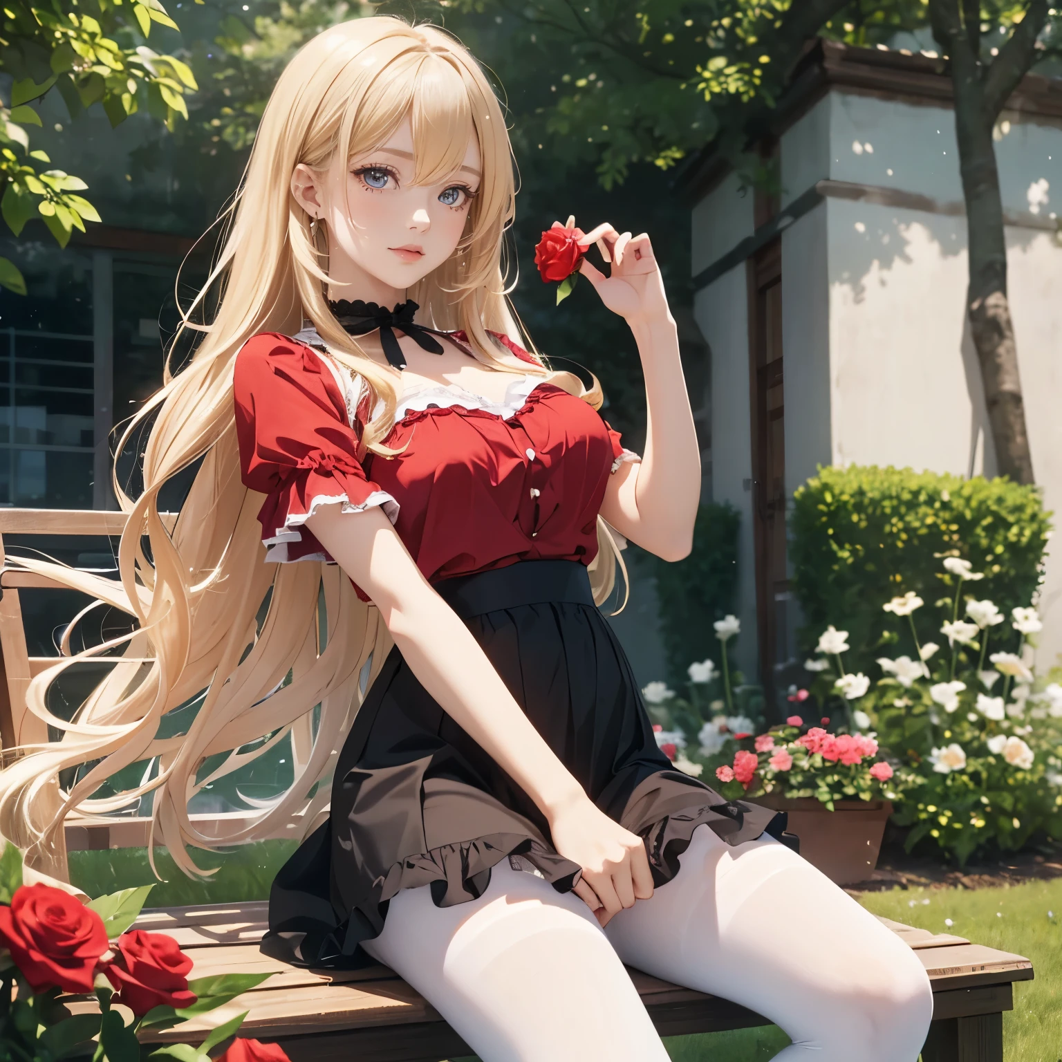 masterpiece, best quality, 8K UHD,
looking directly at viewer,
Rita Rossweisse in "Summer Night's Dream", solo,
wearing a frilled red shirt with a blouse top,
pantyhose with black seams,
holding a red rose close to her chest,
red eyes gleaming with seduction,
blonde hair cascading over one eye,
mole under her left eye adding to her charm,
long hair flowing gently in the breeze,
daytime setting in an outdoor environment,
ulzzang filter (0.8) enhancing her beauty --auto --s2
masterpiece, best quality,