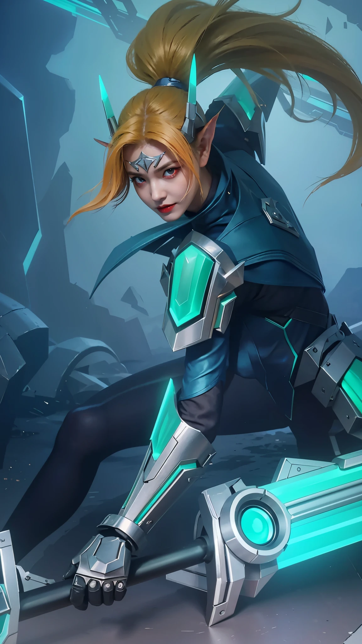 (female:1.2), 8k, ultra hd, ultra detailed texture, hyper realistic, masterpiece, detailed texture, detailed face, detailed skin, detailed lighting, (photorealistic:1.5), best quality, beautiful lighting, cinematic lighting, professional lighting, ultra highres, realistic, detailed hair, real hair, high quality, (realskin:1.5), extremely detailed, finely detail, ultra-detailed, 1girl, solo, elf, pointy ears, standing, demon horns, forehead protector, (red eyes:1.5), v-shapped eyebrow, lips, red lips, evil smile, nose, make up, pretty, beautiful, cute face, long hair, blue hair, high ponytail, large breasts, cleavage, armpit, navel, stomach, black armor, pauldrons, bare shoulders, shoulder armor, thigh high, sleevless, detached sleeves, breastplate, gauntlets, karina \(mobile legends\), depth of field, looking aways, white skin, skin tight, amazing pose, outdoors, glowing, dark view