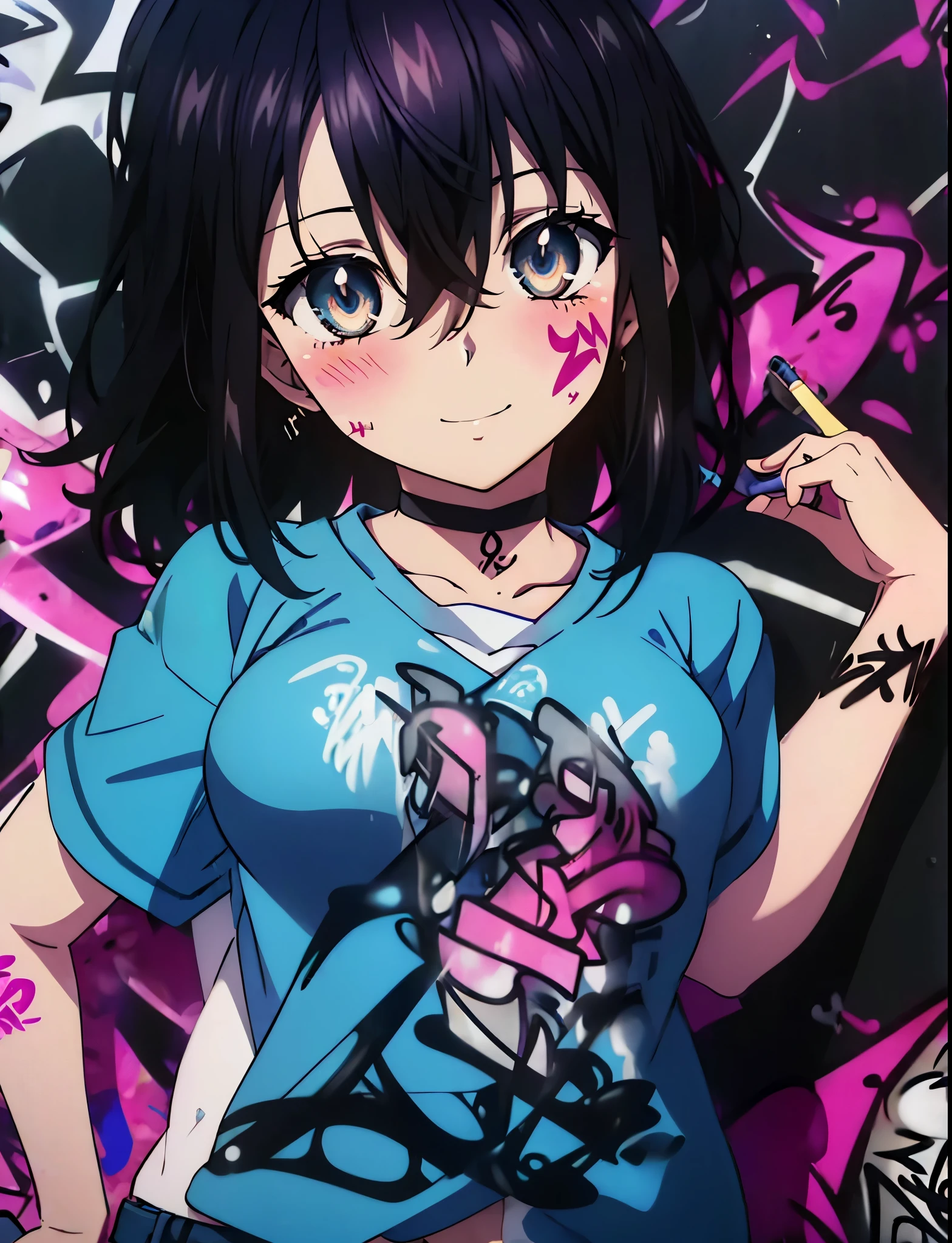 masterpiece, highest quality, 1 girl, himeragi yukina, brown eyes, black hair, hair between eyes, medium hair, medium breasts,blush,smile、denim shorts, choker, (graffiti:1.5), paint splatters, turn your arms behind your back, towards the wall, looking at the viewer, thigh strap, head tilt, was bored, (masterpiece:1.2), highest quality, High resolution, unity 8k wallpaper, (shape:0.8), (beautiful and detailed eyes:1.6), highly detailed face, perfect lighting, Very detailed CG, (perfect hands, perfect ???????),