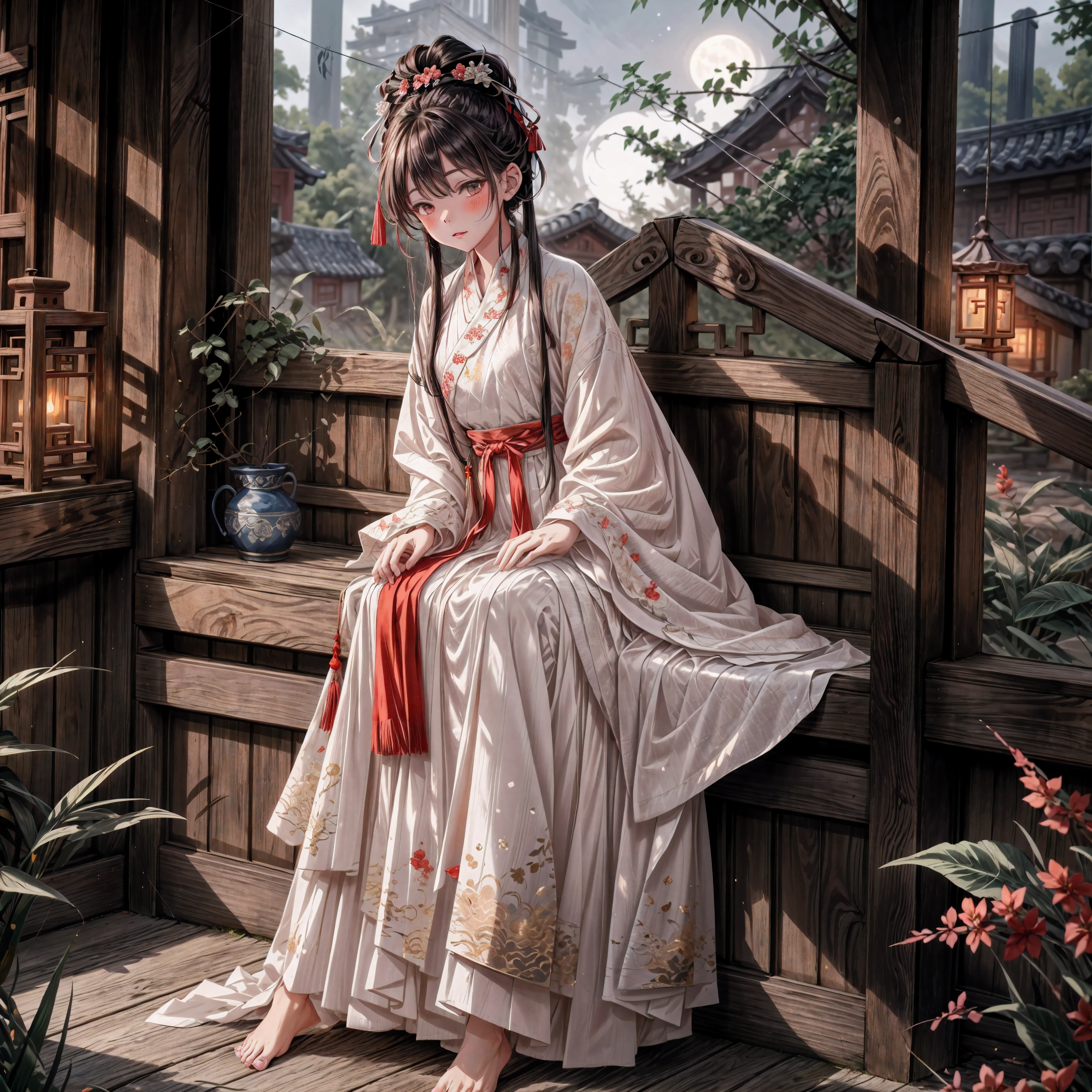 (Ridiculous,Super detailed),(1 girl:1.3),(alone, Hand Painted,simple lines,16-year-old girl wearing red Hanfu,on the bed,barefoot,indoor,moonlight,at night,nose blushing,leave,high resolution,masterpiece),moonlight下的卧室里有一个 16 岁的女孩，wear (Vibrant red Chinese Hanfu), 躺on the bed. 窗外柔和的moonlight映照着房间，dim light, Create a peaceful atmosphere. Girl&#39;s face is decorated with blush on the nose, Add a touch of innocence and charm. Her attire is beautifully Hand Painted, Showed (intricate details) of traditional clothing. Simple yet elegant lines, Capturing the essence of Hanfu style. Girl is (barefoot), Exudes a feeling of comfort and relaxation. This artwork was created at a ridiculously high resolution，and pay attention to details, Make every stroke and fine line clearly visible. The composition is a masterpiece, Reflects the skill and artistry of the creator. The perspective is from the girl&#39;s point of view, Let the audience immerse themselves in her world. This prompt is intended to generate a (Super detailed, high resolution图像) Capture the beauty and serenity of a moonlit night in a traditional Chinese style setting.