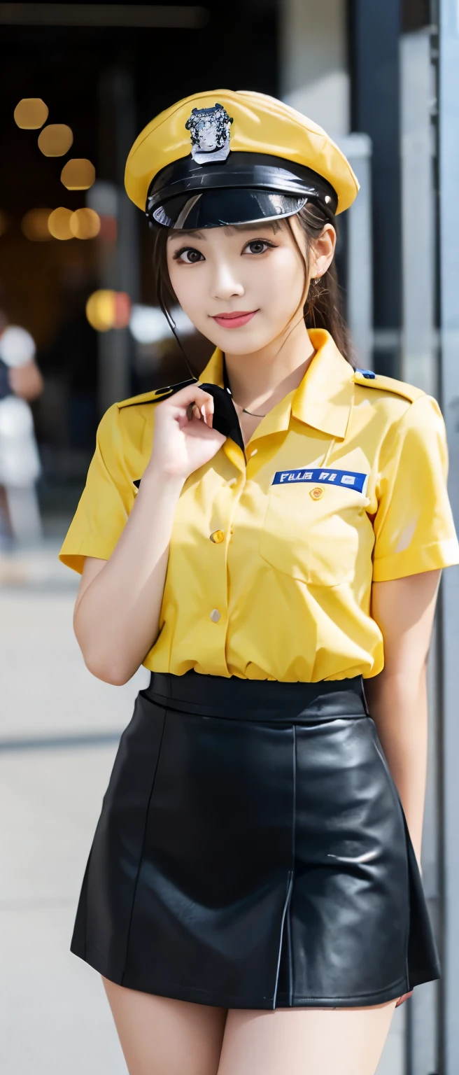 police officer idol、whole body、good style、、、、、Shiny yellow miniskirt uniform、、cyber building、police officer hat