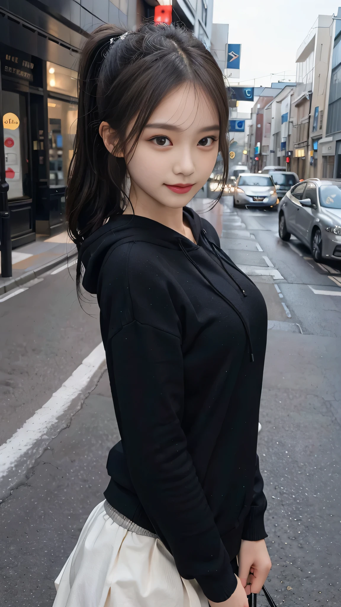 European Streets,One woman,fully body photo,masutepiece, The highest image quality, High quality, the background is clear,Beautiful woman, Japanese, Detailed, Detailed eyes, Detailed skin, Beautiful skin, 超hight resolution, (reality: 1.4),Very beautiful woman, Slightly younger face, Beautiful skin, slender, (Ultra photo realsisim), (hight resolution), (8K), (Very detailed) (beautifully detailed eyes), (super detailed), (Detailed face), view the viewer, Fine details, Detailed face, Staring straight ahead, Staring straight ahead, photos realistic, Bright lighting, Professional Lighting, Black hair,poneyTail,a ,fifteen ye is ponytail,long ponytail hairstyle,slight smile,neat and tidy clothing,European Streets,Beautiful Japanese KPOP idol photo, hair style is ponytail, my eyes are double and wide, baby face, smile and look ahead, slender, small breasts,neat and tidy clothing,winter Clothing,snowing,wears a black hoodie with a hood,