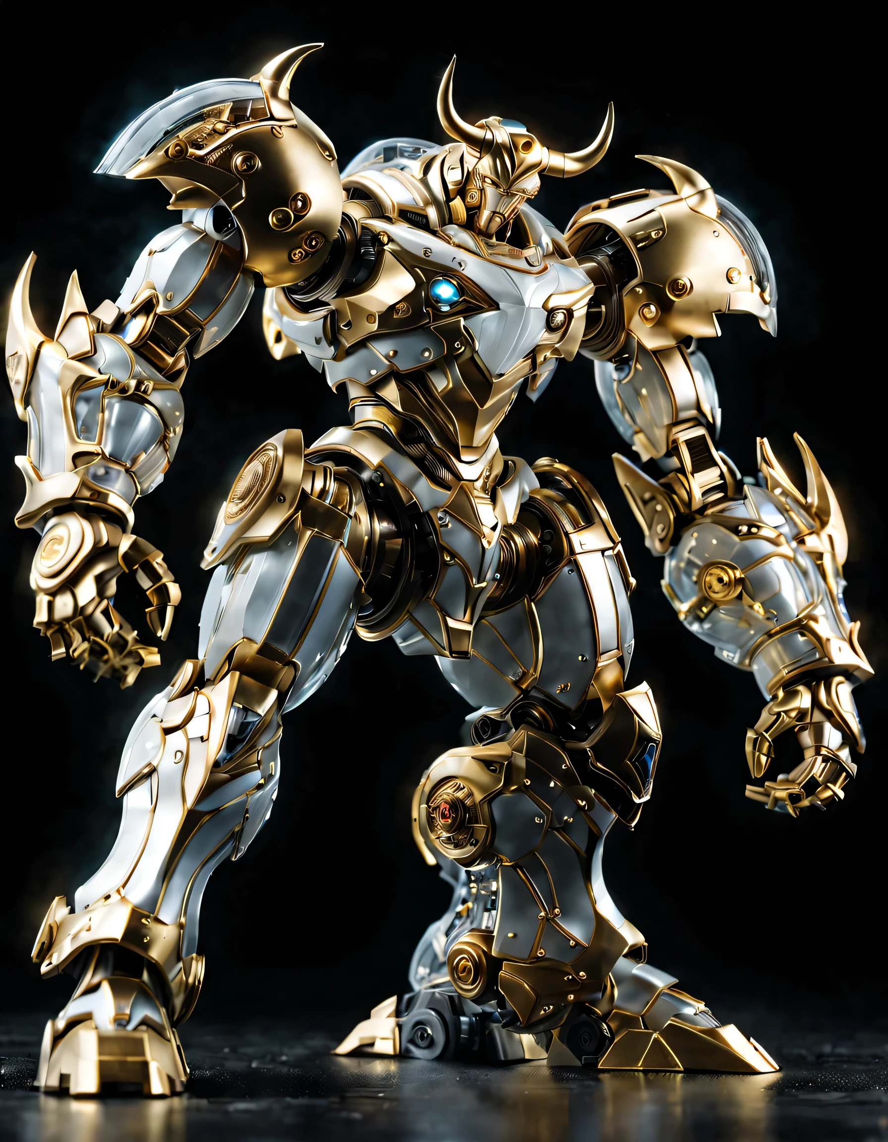 personification,full view, Pure black background, A platinum bull transparent mecha stands on the ground,Get into a fighting stance, Exquisite white transparent glass mechanical armor, Metal mechanical mask, Precision luminous electronic eye,(The internal structure is complex and precise:1.2), Exquisite and complex golden mecha texture, (gold mechanical thread:1.2), (Well-designed, high detail, masterpiece, best quality, ultra high definition, Sharpen details, ,metallic feel),New Jersey RS