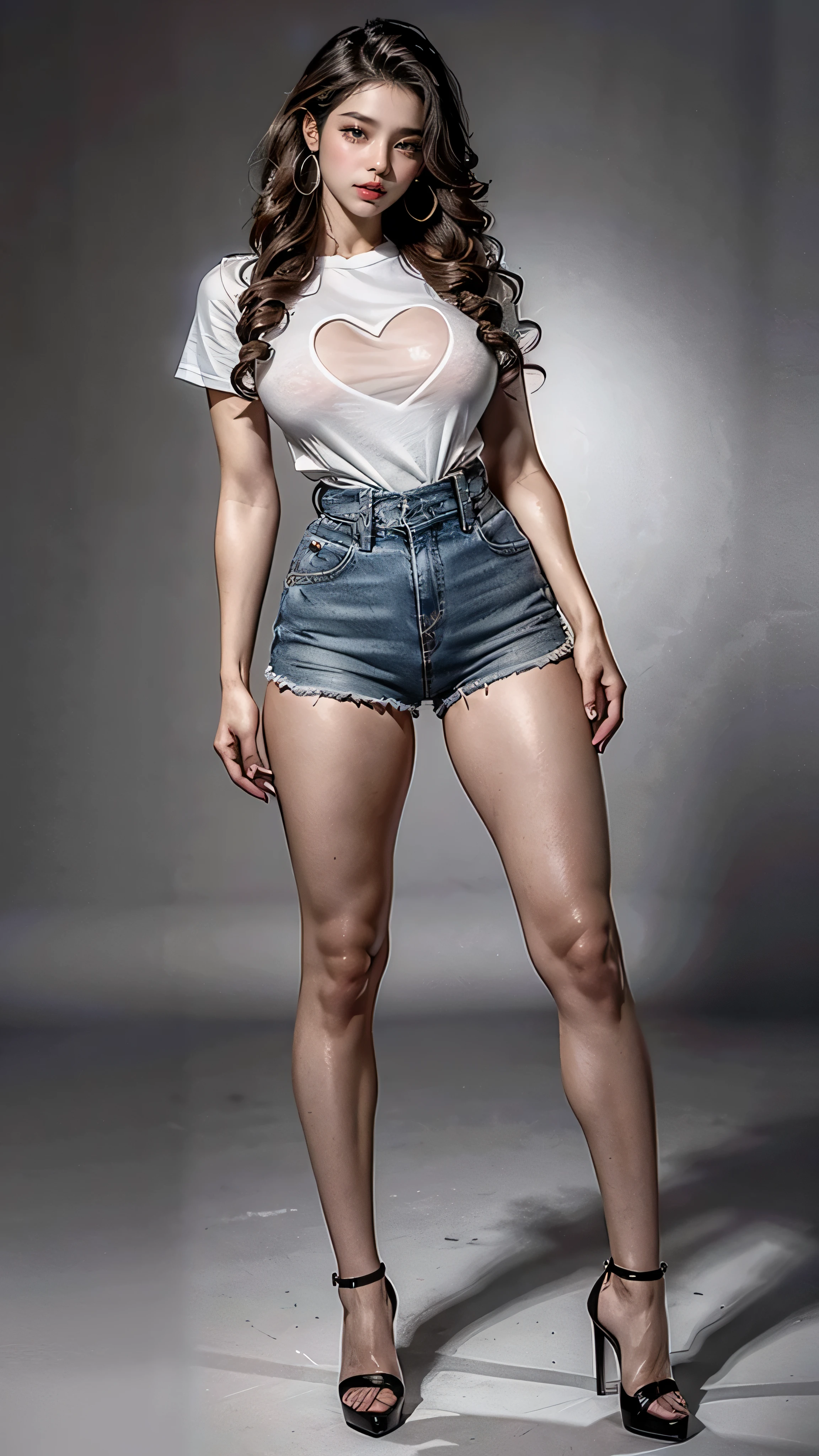 (masterpiece, best quality, realistically, Work, super detailed, 8k), ((Wide-angle lens, Full body female love)), 1 girl,Light makeup,Exquisite facial features,Smile,Exquisite hairstyle, long hair,big breasts,Correct finger structure,Work服,cartoon t-shirt,Hip-hop style,light brown hair, hair behind ears, Pompadour hairstyle, curls, medium hair, heart shaped earrings, front standing posture ,full body portrait,gray background