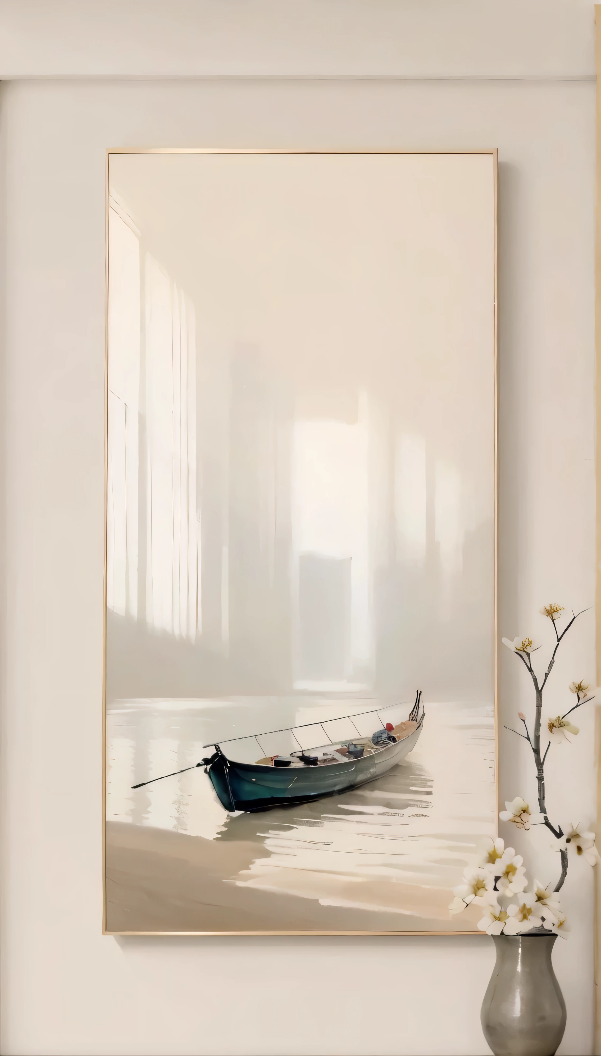 a close up of A painting of a boat on a beach, canvas art, The paintings are elegant and delicate, canvas painting, Calm and serene, oil painting style, in this painting, Dreamy and detailed, clean and elegant painting, A painting, oil painting style, Minimalism, Place in the living room, nacre painting, extremely high quality art, detailed