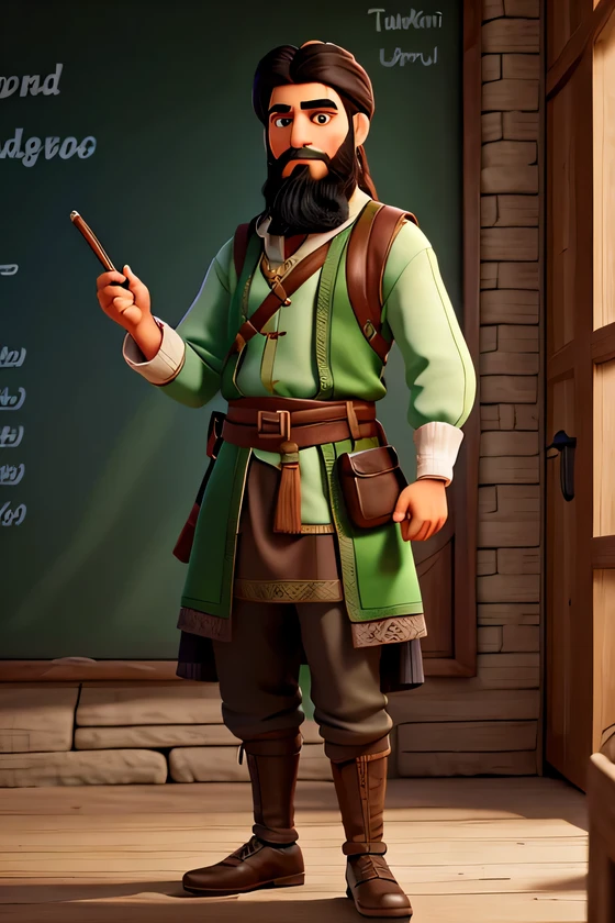 blackboard, written "Learn Turkish with Ertugrul", a green dressed man, with beard
