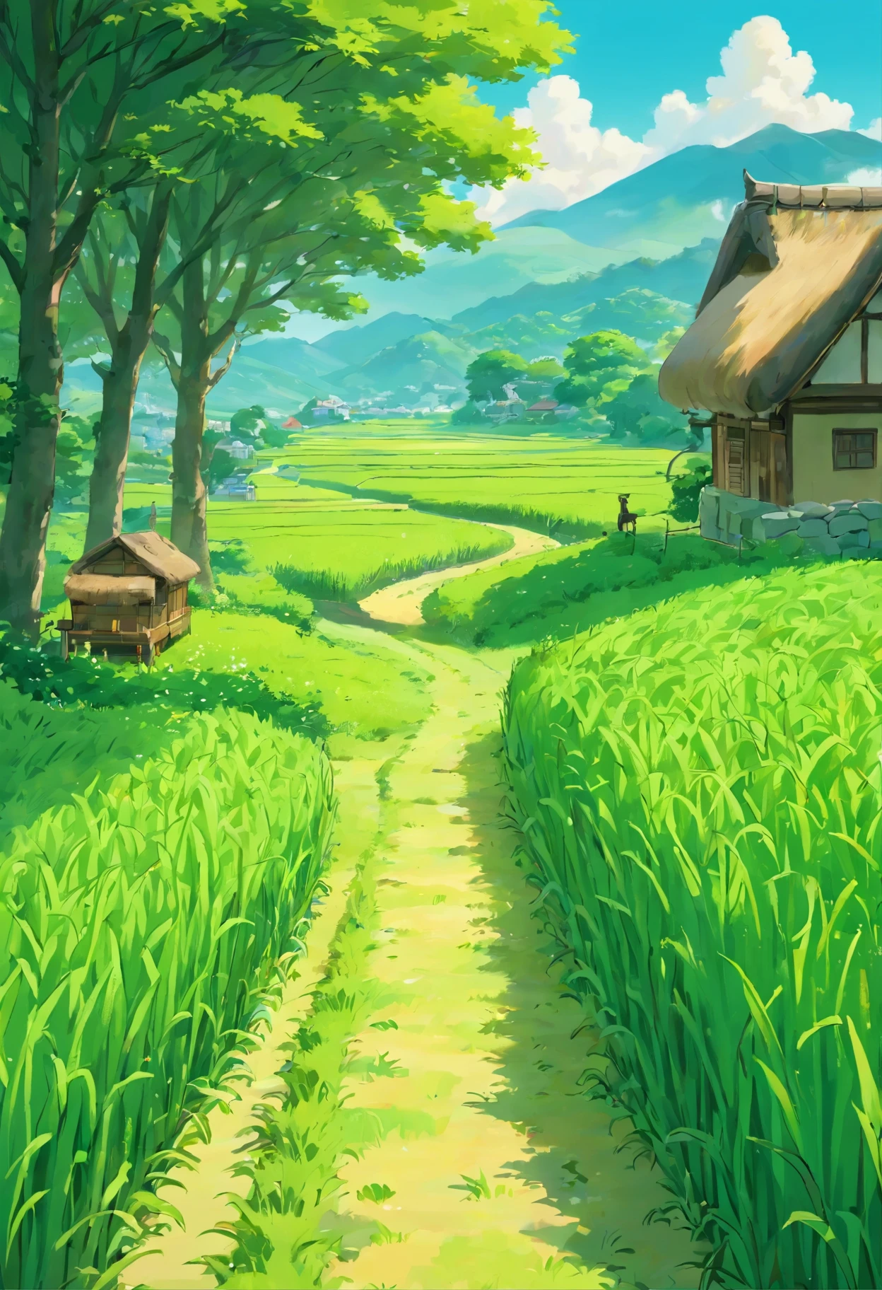 A lush green rice field bathed in sunlight, a serene countryside with a small path meandering through the fields (best quality,4k,8k,highres,masterpiece:1.2),ultra-detailed,(realistic,photorealistic,photo-realistic:1.37),HDR,UHD,studio lighting,extreme detail description,professional,landscape,vivid colors,sharp focus,physically-based rendering,bokeh