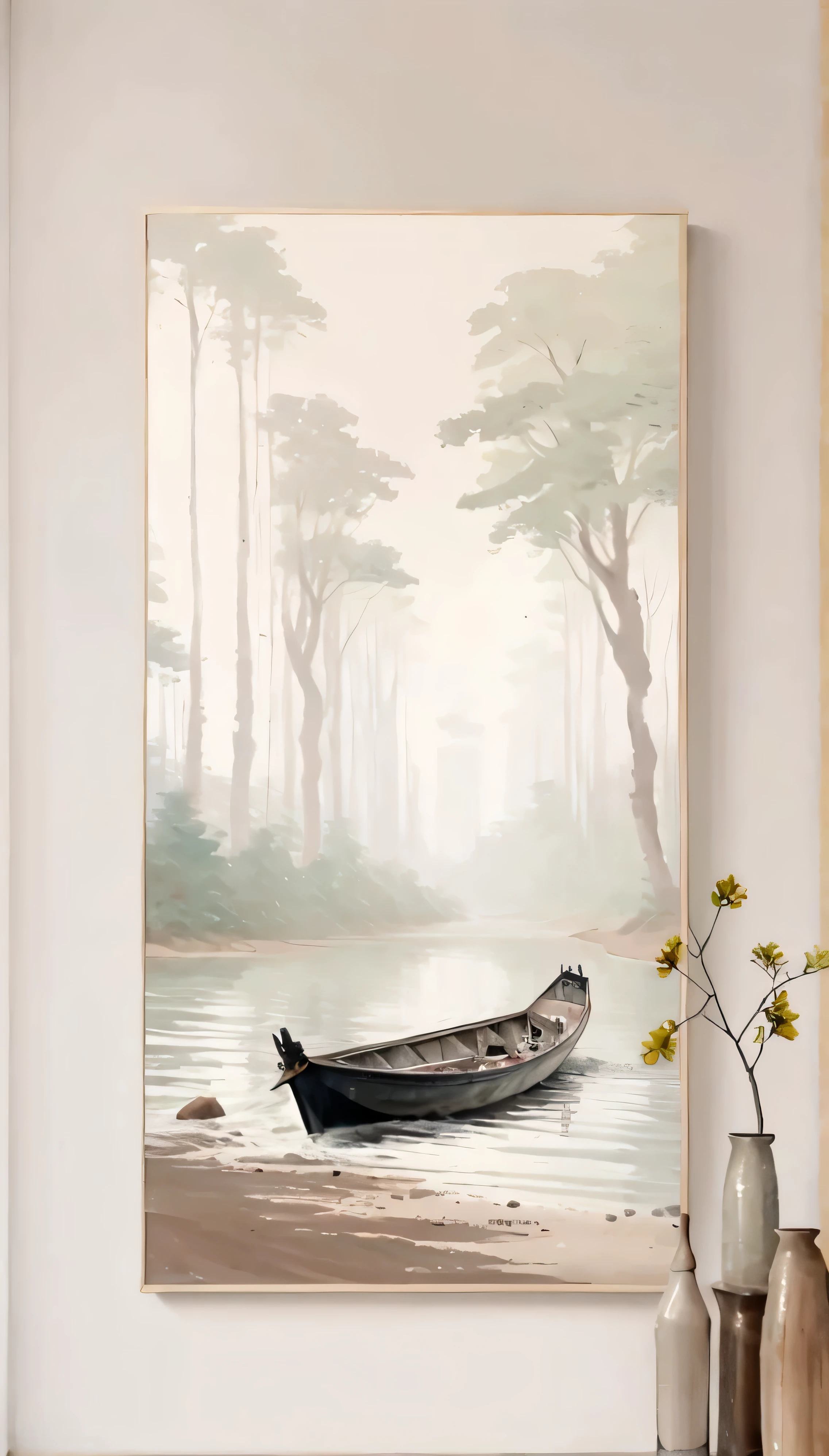 a close up of A painting of a boat on a beach, canvas art, The paintings are elegant and delicate, canvas painting, Calm and serene, oil painting style, in this painting, Dreamy and detailed, clean and elegant painting, A painting, oil painting style, Minimalism, Place in the living room, nacre painting, extremely high quality art, detailed