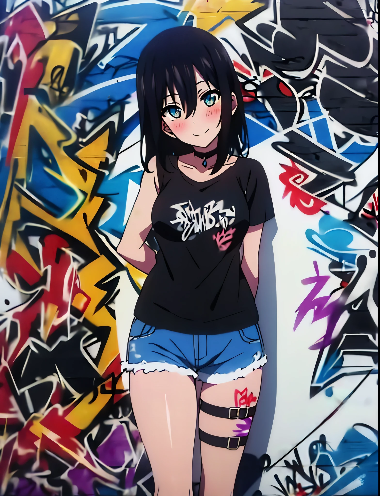 masterpiece, highest quality, 1 girl, himeragi yukina, brown eyes, black hair, hair between eyes, medium hair, medium breasts,blush,smile、denim shorts, choker, (graffiti:1.5), paint splatters, turn your arms behind your back, towards the wall, looking at the viewer, thigh strap, head tilt, was bored, (masterpiece:1.2), highest quality, High resolution, unity 8k wallpaper, (shape:0.8), (beautiful and detailed eyes:1.6), highly detailed face, perfect lighting, Very detailed CG, (perfect hands, perfect anatomy),