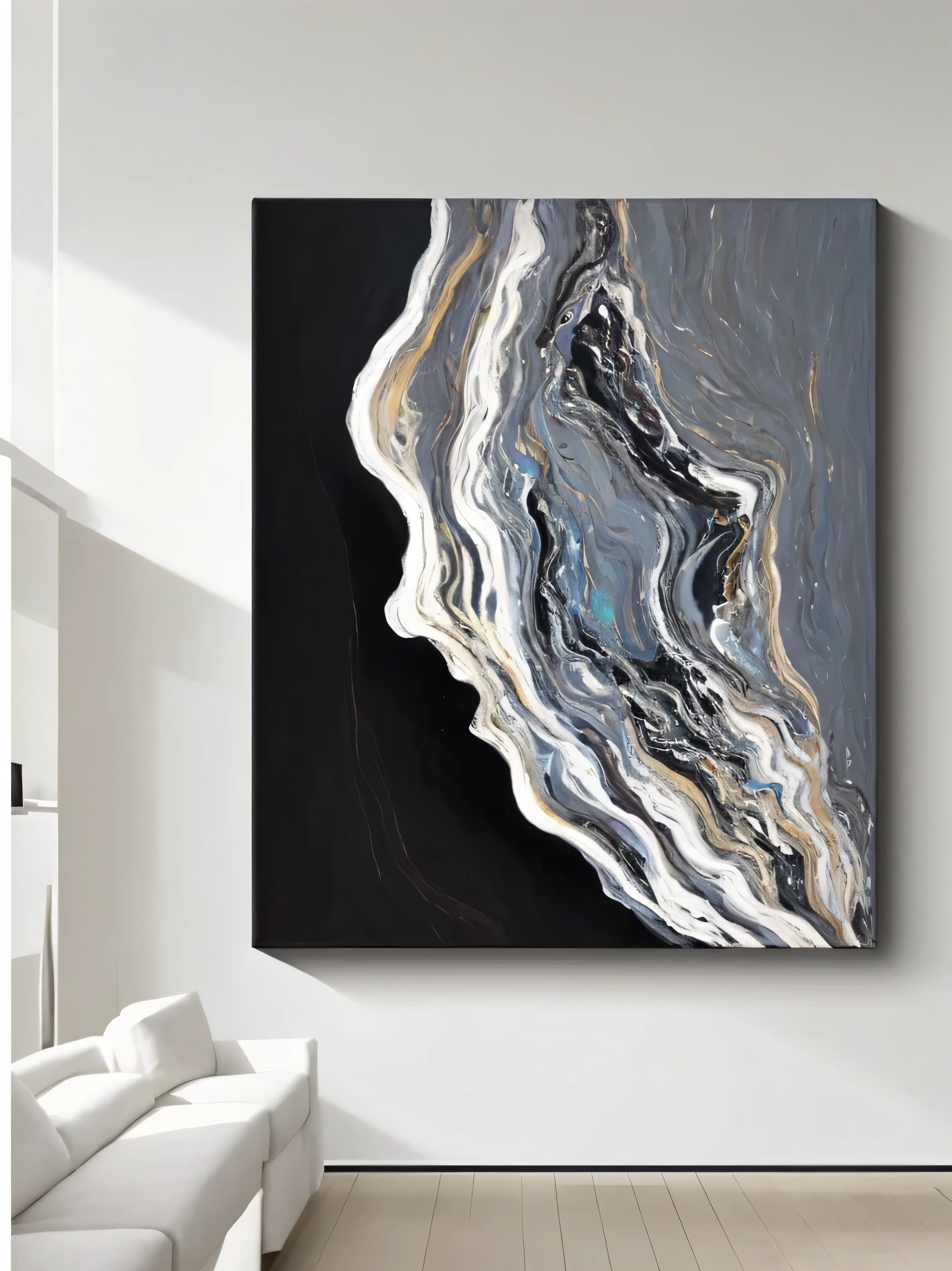 Close-up of a painting on the living room wall, Abstract liquid acrylic art, textured canvas, canvas art, black abstract, canvas art print, paint on canvas, art canvas, 在Black velvet painting布上作画, detailed, fine art print, Dough on black canvas layer, Black velvet painting, organic acrylic flow art
