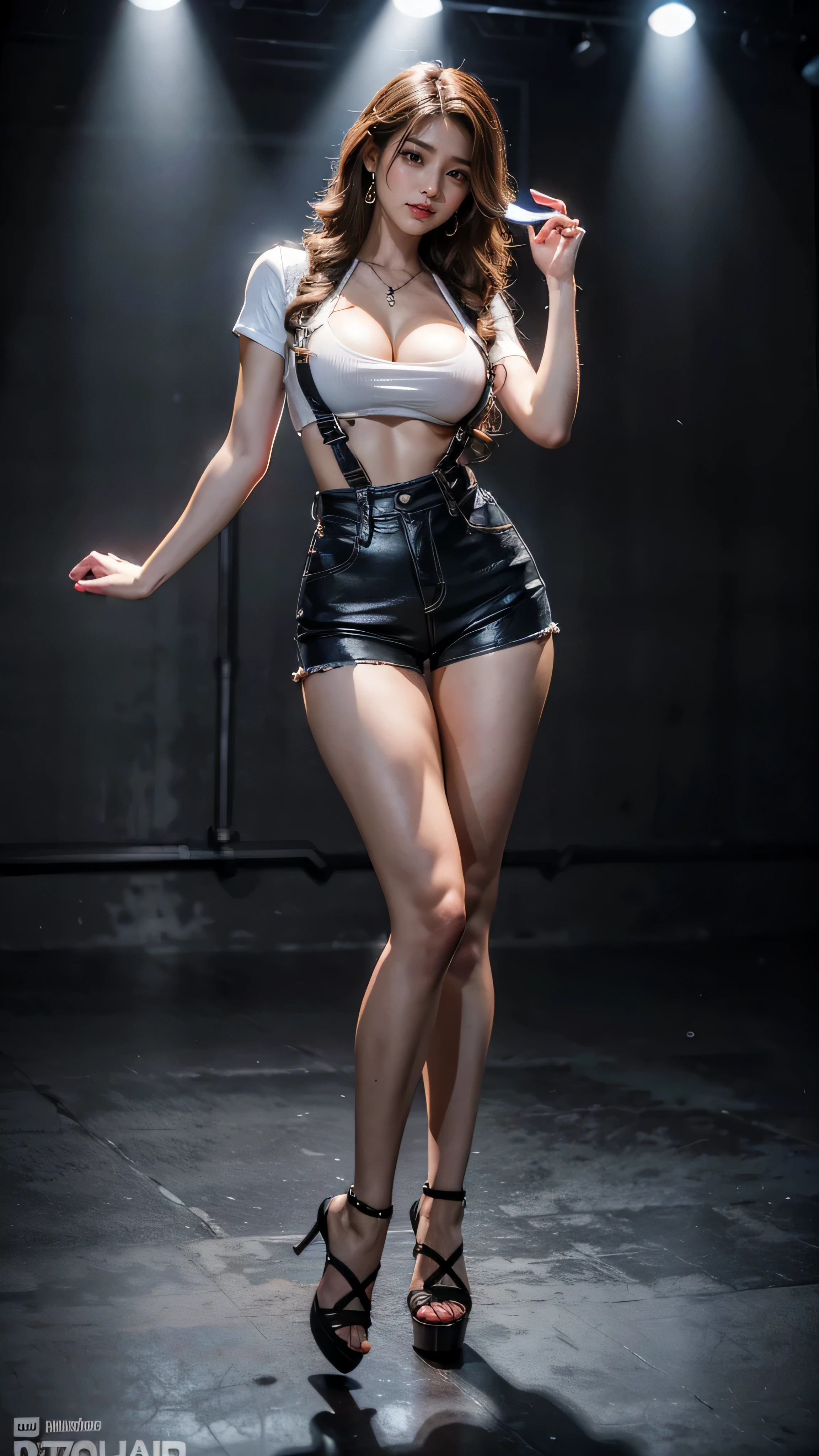 (masterpiece, best quality, realistically, Work, super detailed, 8k), ((Wide-angle lens, Full body female love)), 1 girl,Light makeup,Exquisite facial features,Smile,Exquisite hairstyle, long hair,big breasts,Correct finger structure,Work服,Cartoon vest,Hip-hop style,light brown hair, hair behind ears, Pompadour hairstyle, curls, medium hair, heart shaped earrings, front standing posture ,facing the audience,full body portrait